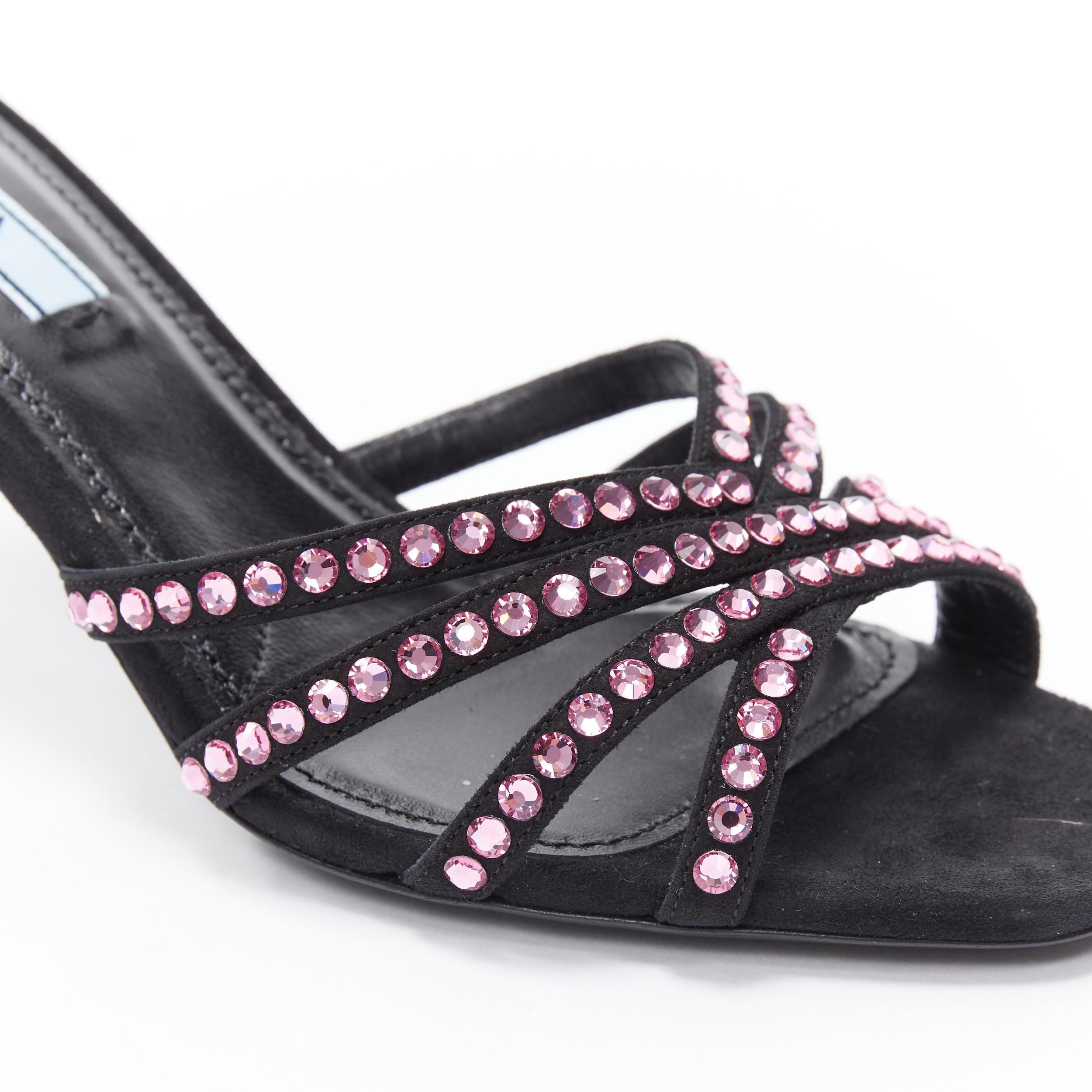 Women's new PRADA 2019 pink crystal rhinestone strappy open toe heel sandal mule EU36 For Sale
