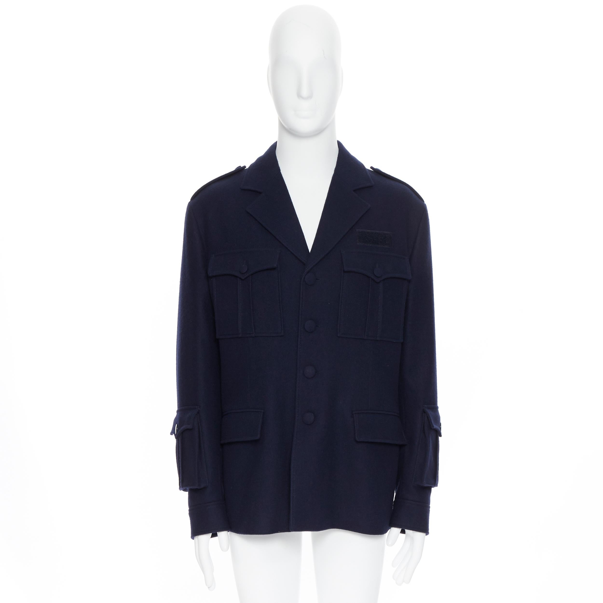 Black new PRADA 2019 Runway 100% virgin wool navy military pocket sleeves jacket IT50