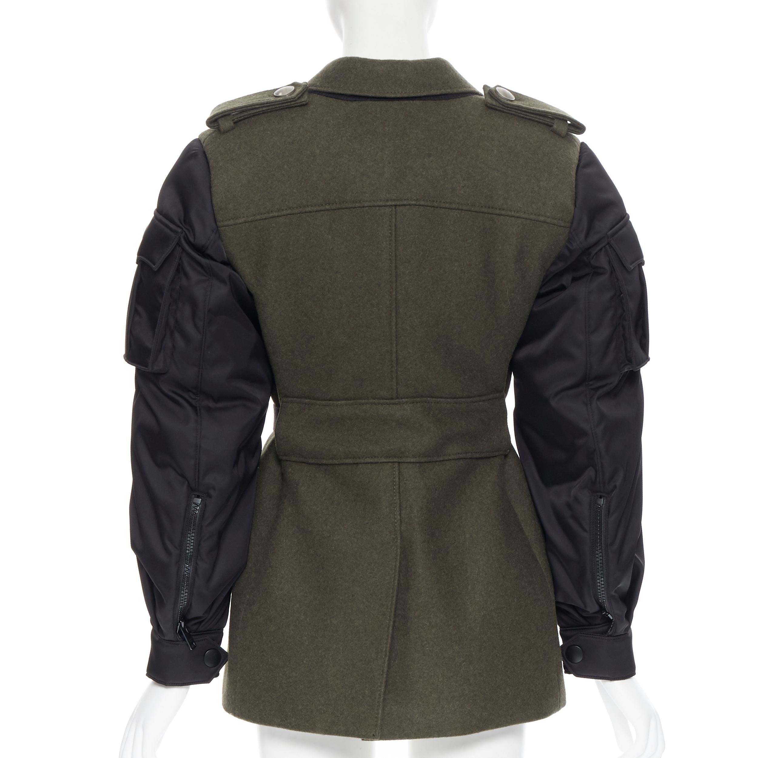 Black new PRADA 2019 Runway green wool military padded MA-1 sleeve belted coat M