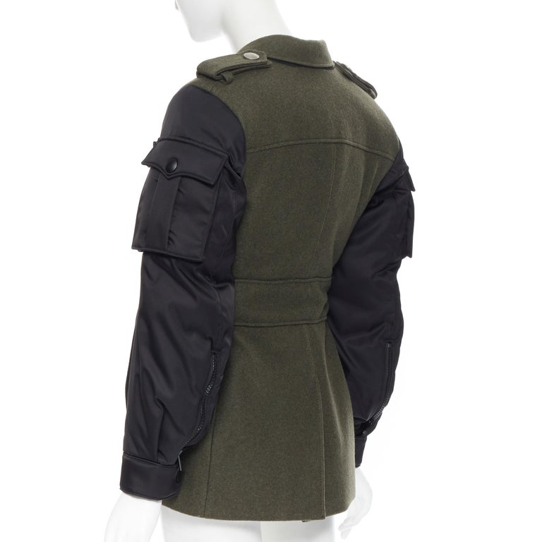 new PRADA 2019 Runway green wool military padded MA-1 sleeve belted coat M  For Sale at 1stDibs
