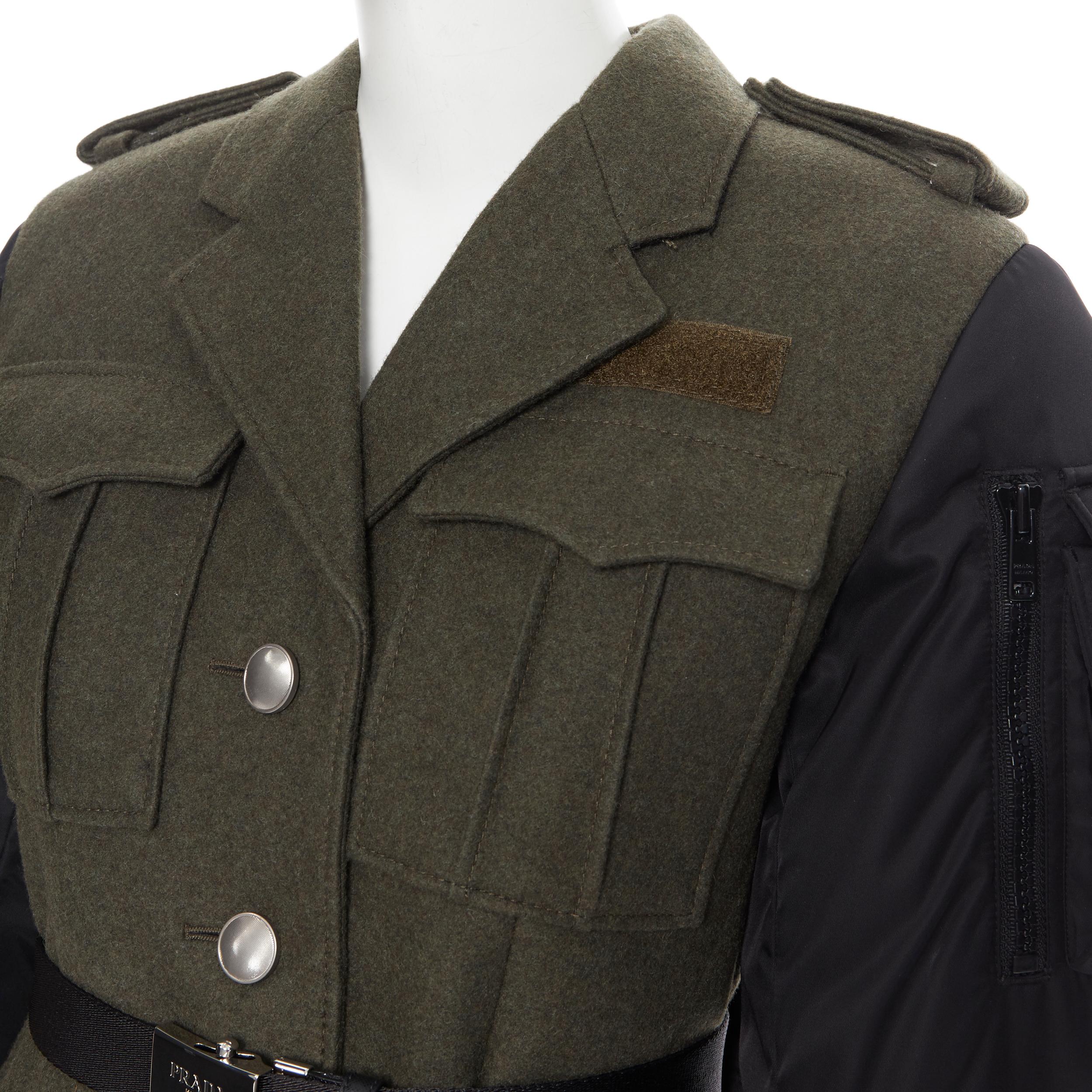 Women's new PRADA 2019 Runway green wool military padded MA-1 sleeve belted coat M