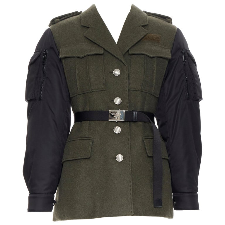 new PRADA 2019 Runway green wool military padded MA-1 sleeve belted coat M  For Sale at 1stDibs