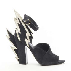 new PRADA 2019 Runway Lightning Bolt black suede metallic gold chunky heel EU36