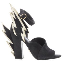 new PRADA 2019 Runway Lightning Bolt black suede metallic gold chunky heel EU37