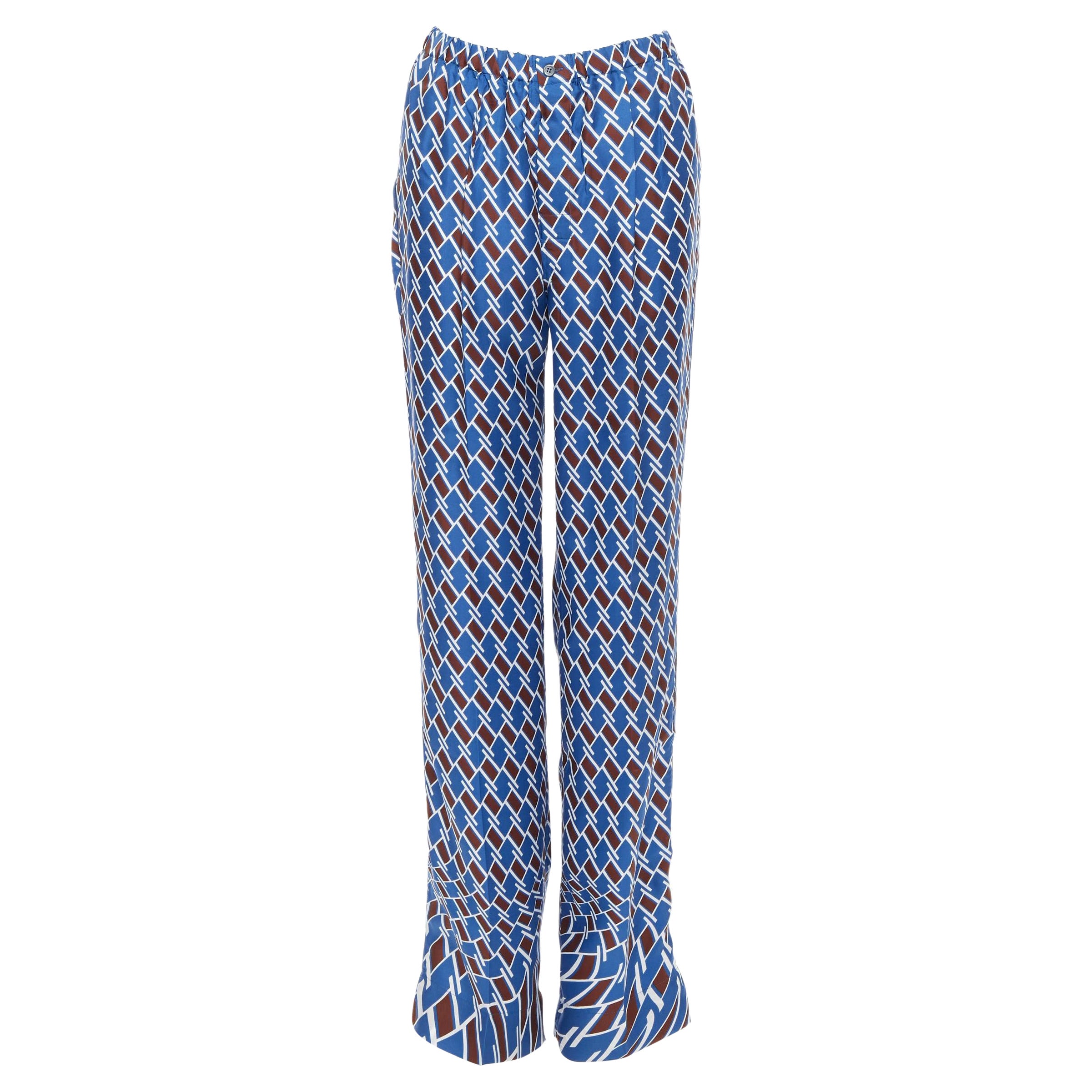 new PRADA 2019 Twist Geometric blue brown chevron print 100% silk pyjama pants S