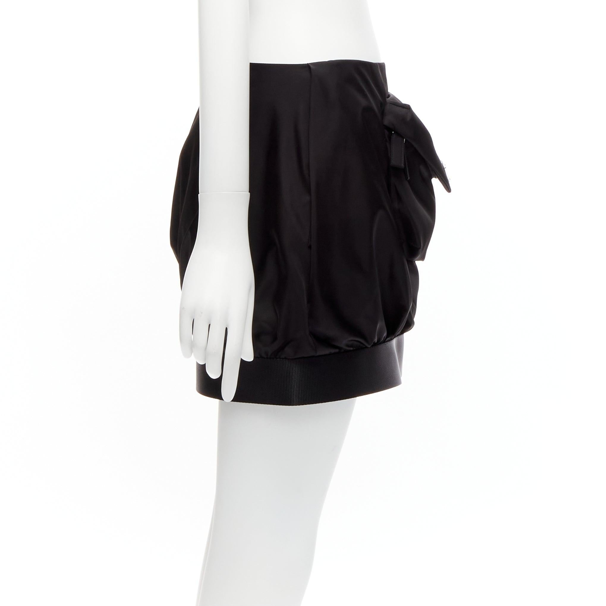 Black new PRADA 2020 Re Nylon triangle logo front pocket buckle bubble skirt IT38 XS For Sale