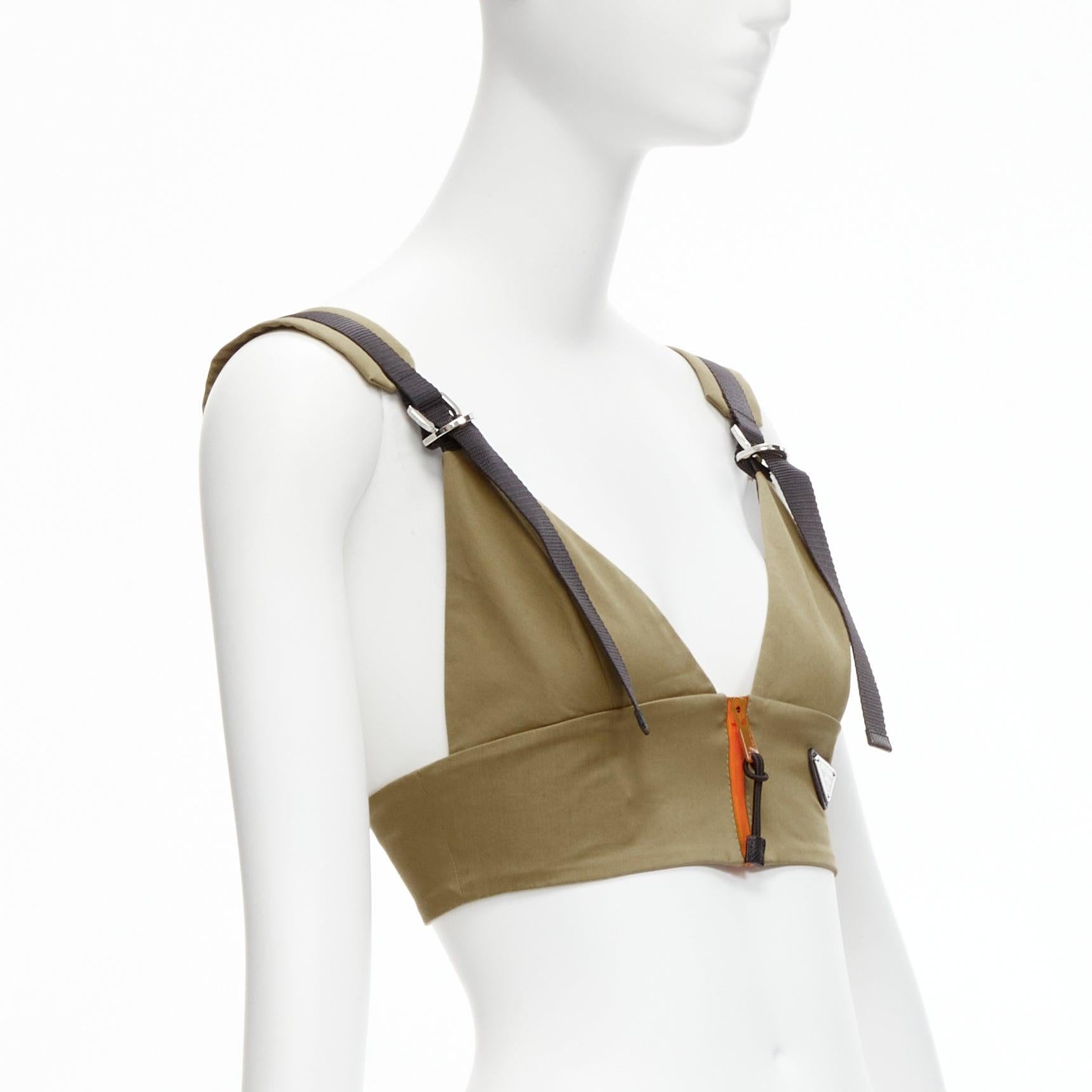 new PRADA 2021 orange zip khaki green technical strap bra top IT38 XS In New Condition For Sale In Hong Kong, NT
