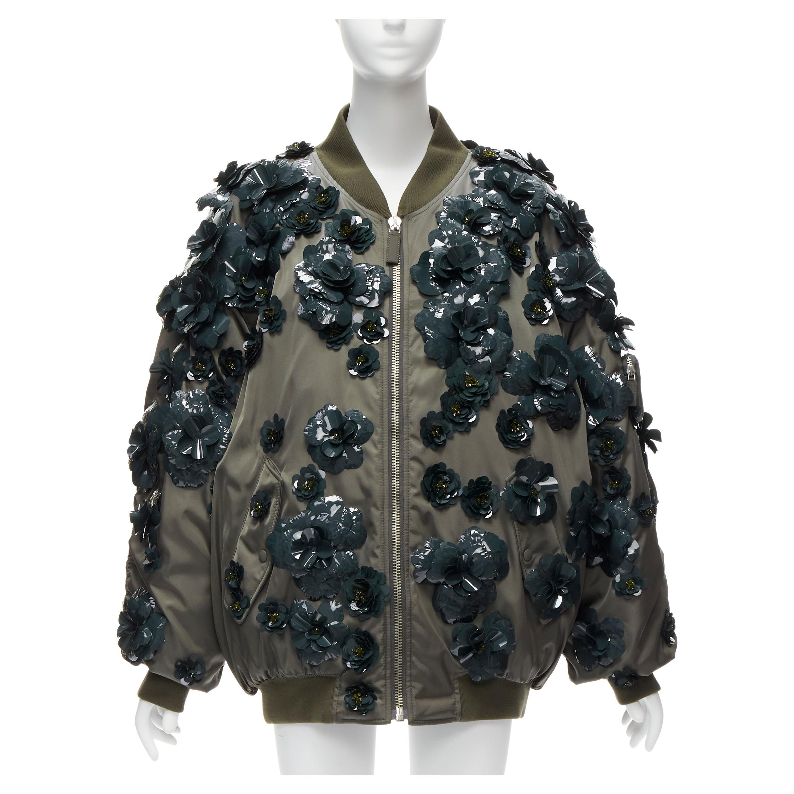 new PRADA 2022 Runway Re-nylon flower applique green oversized bomber jacket  For Sale