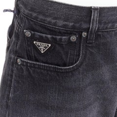 new PRADA 2023 Symbole triangle logo grey washed denim high waist wide short