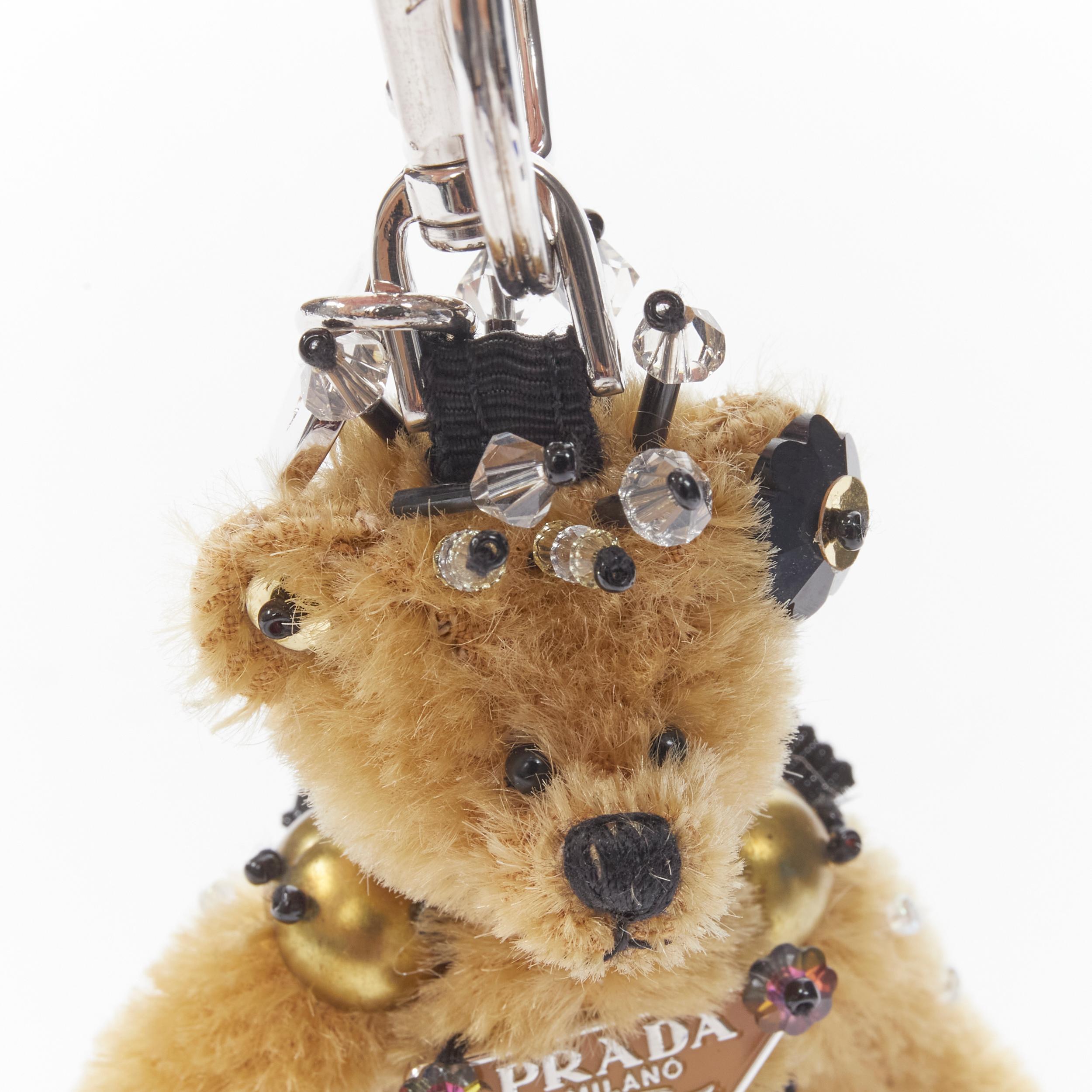Beige new PRADA Bear brown sequins bead embellished triangle logo keychain bag charm
