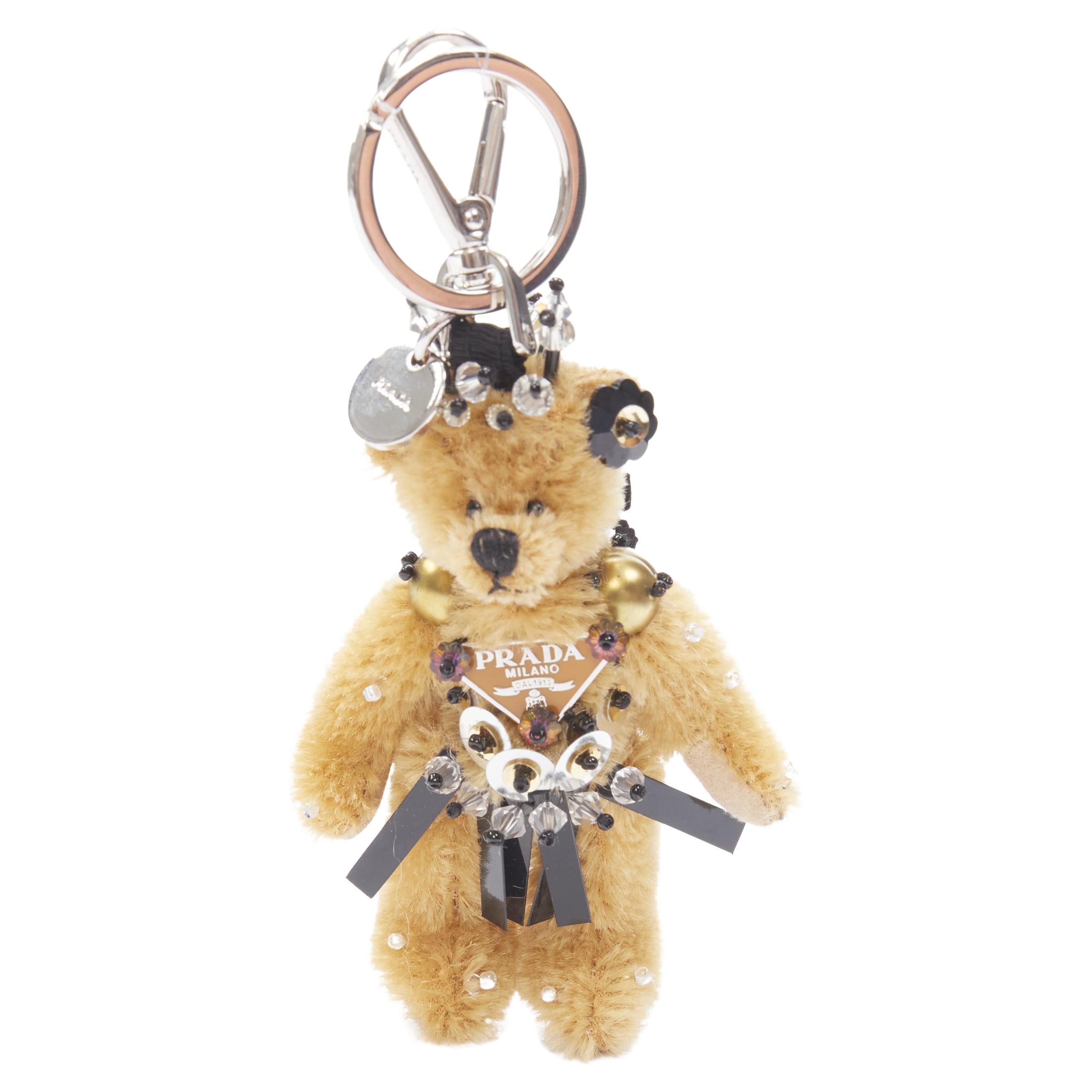 new PRADA Bear brown sequins bead embellished triangle logo keychain bag charm