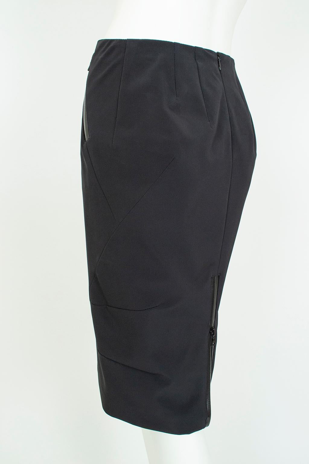 Women's New Prada Black Corset-Seam Pencil Skirt with Vinyl Zippers and Vent – S, 2001 For Sale