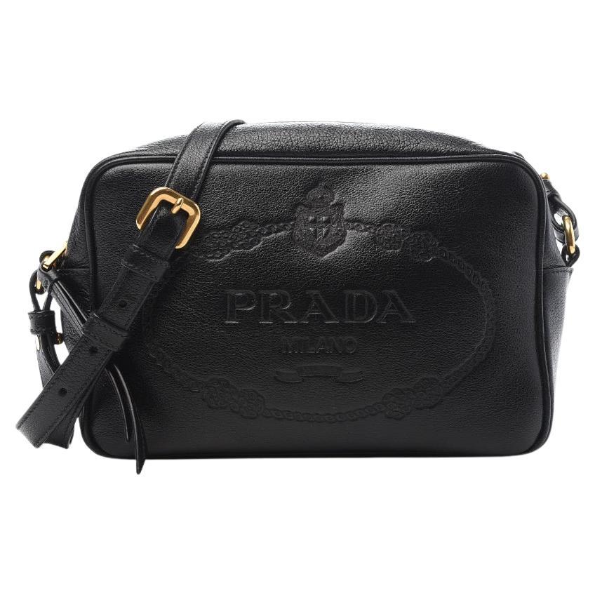 NEW Prada Black Jacquard Embossed Logo Leather Camera Crossbody Bag