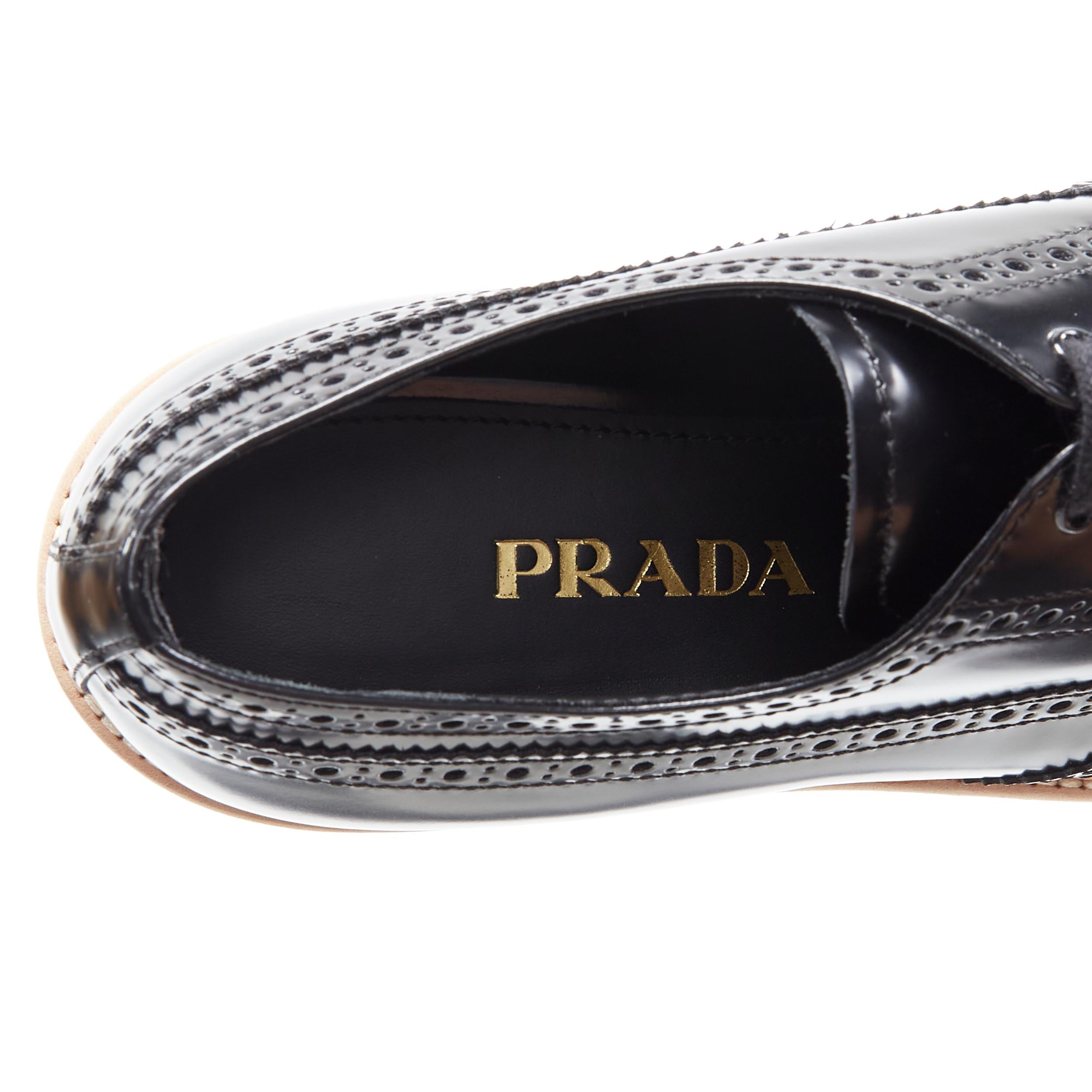 new PRADA black leather platform wedge perforated brogue derby shoe EU38.5 4