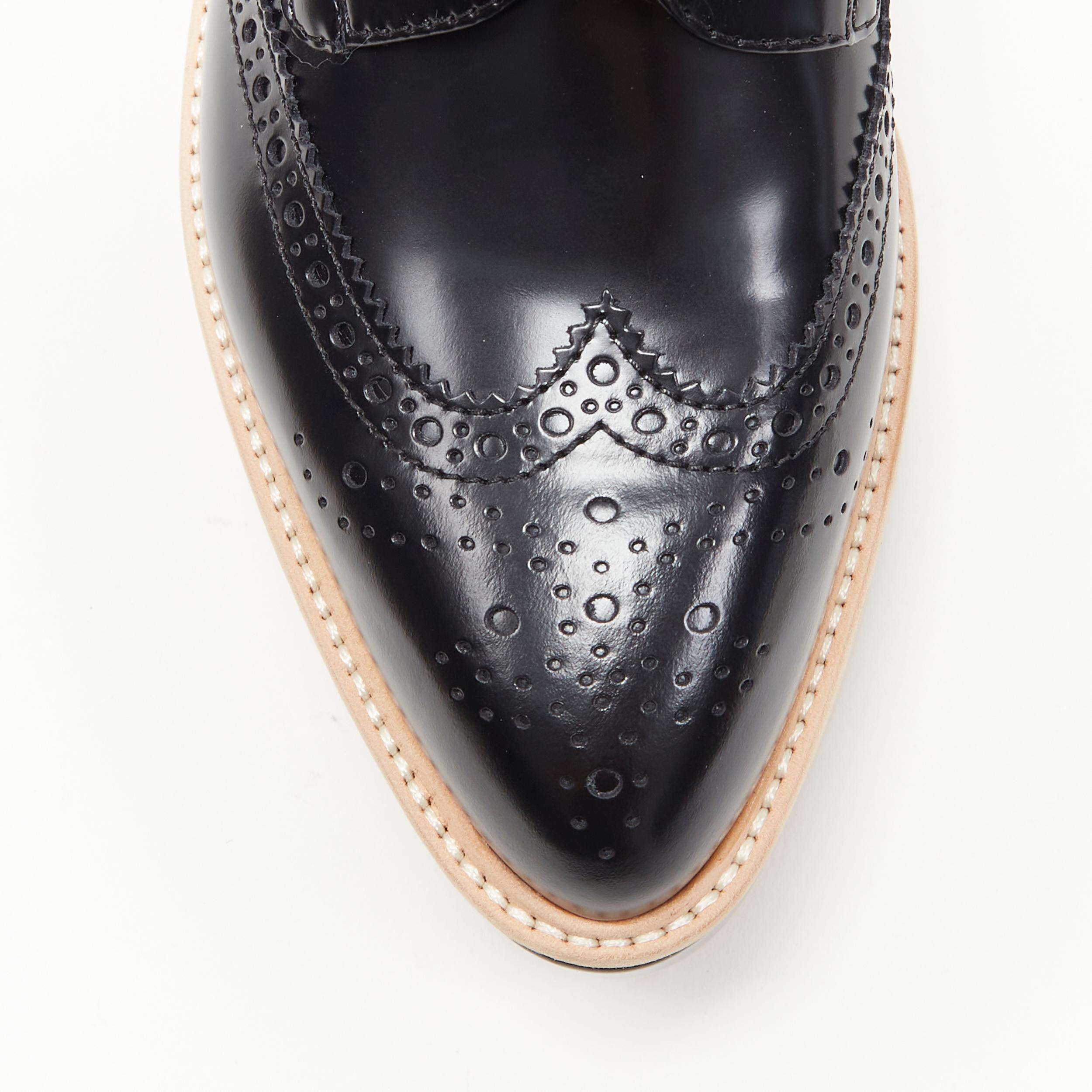 new PRADA black leather platform wedge perforated brogue derby shoe EU38.5 1