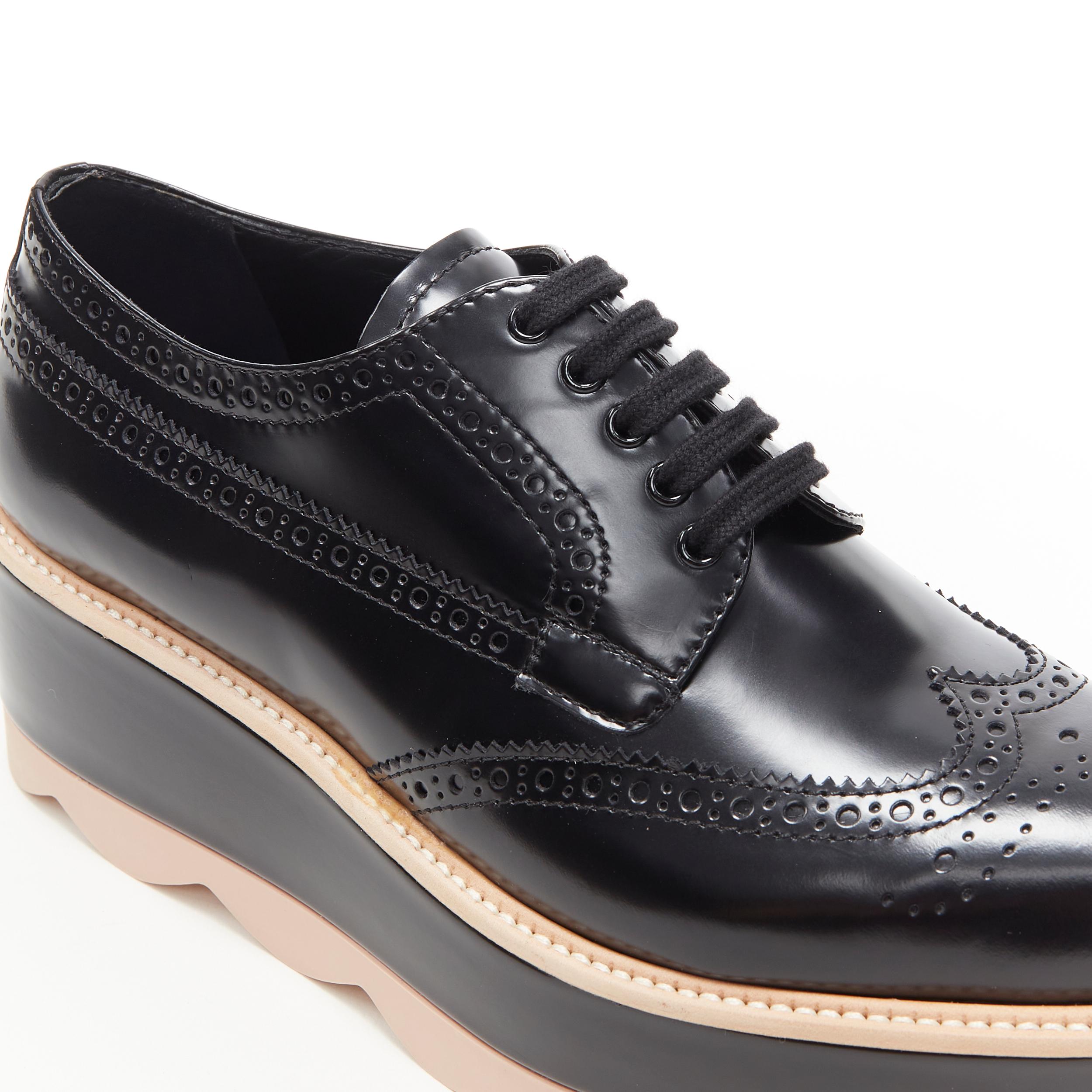 new PRADA black leather platform wedge perforated brogue derby shoe EU38.5 2