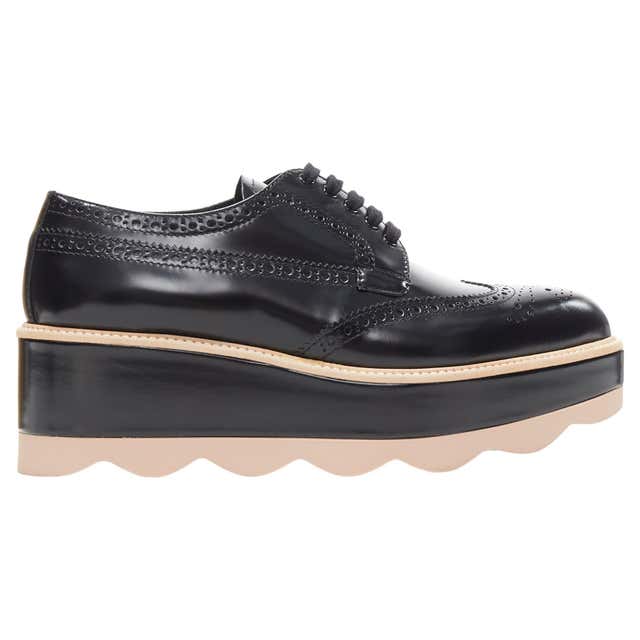 new PRADA black leather platform wedge perforated brogue derby shoe ...