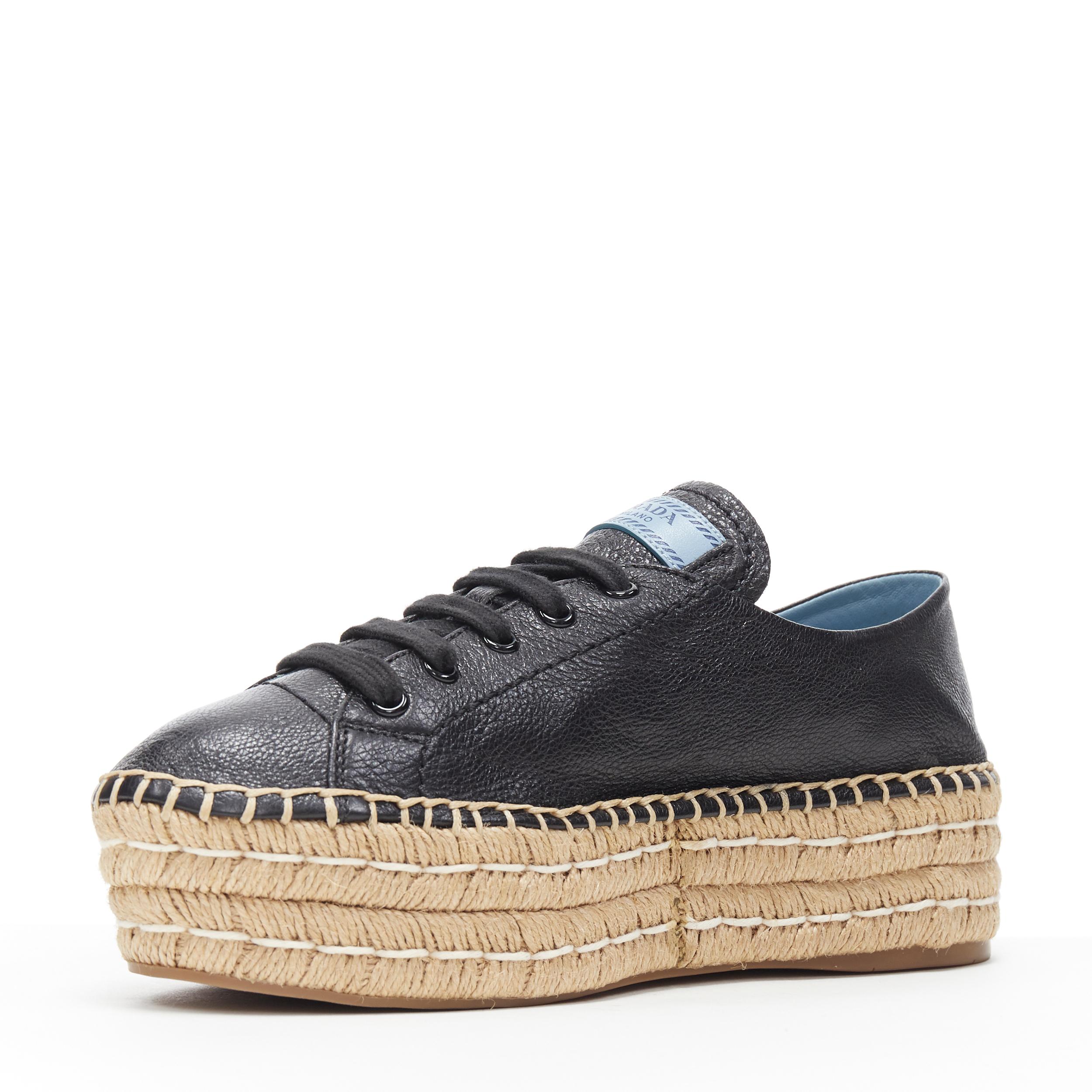 new PRADA black leather signature blue logo double platform jute espadrille EU38 In New Condition In Hong Kong, NT