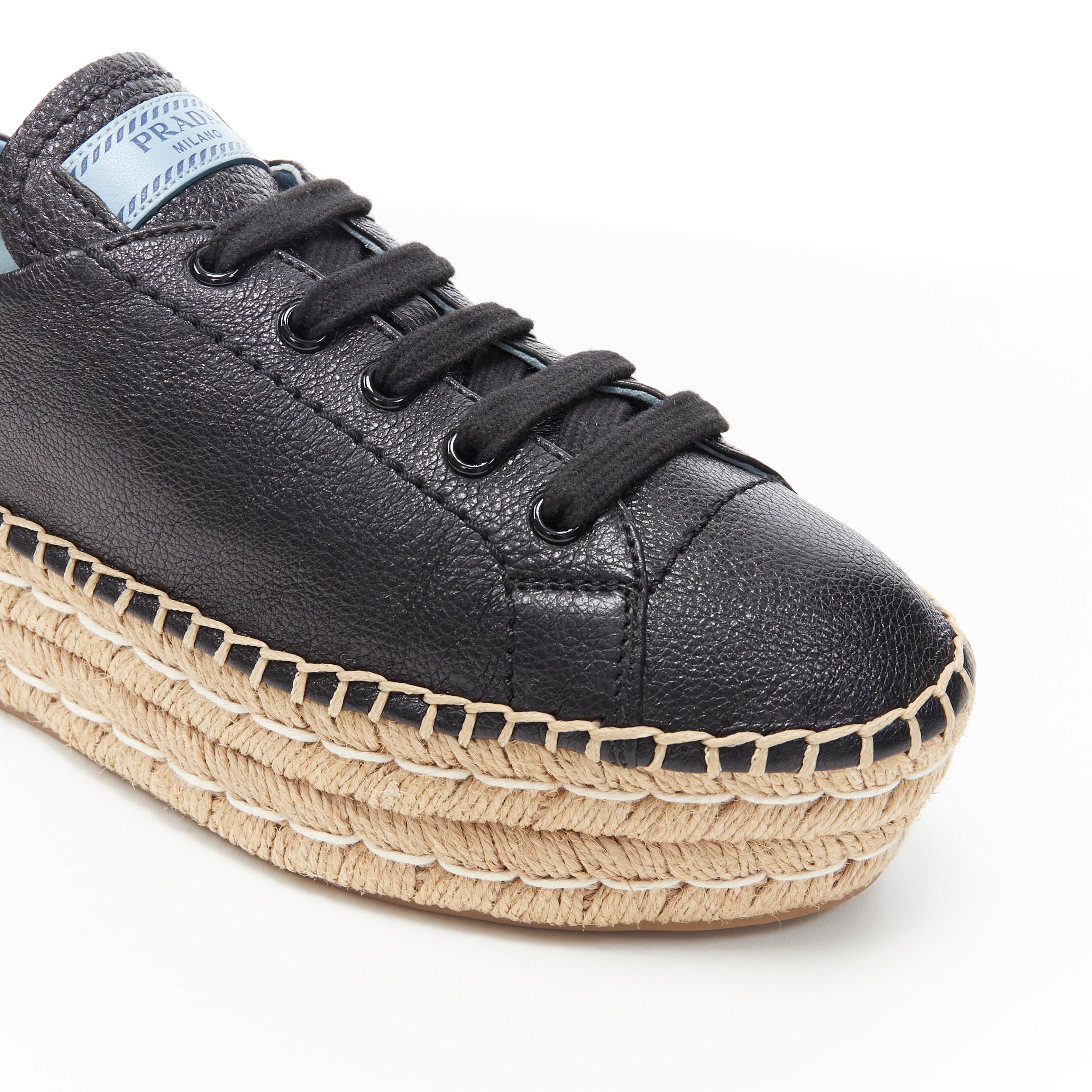 new PRADA black leather signature blue tab double jute platform espadrille EU38 1