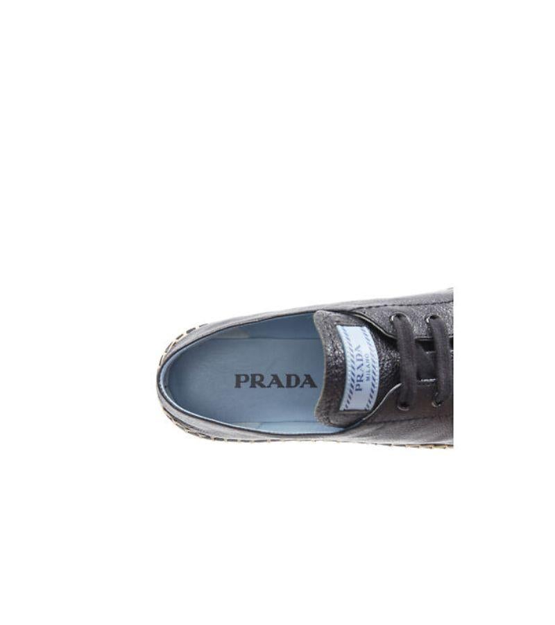 new PRADA black leather signature logo double platform jute espadrille EU38.5 For Sale 5