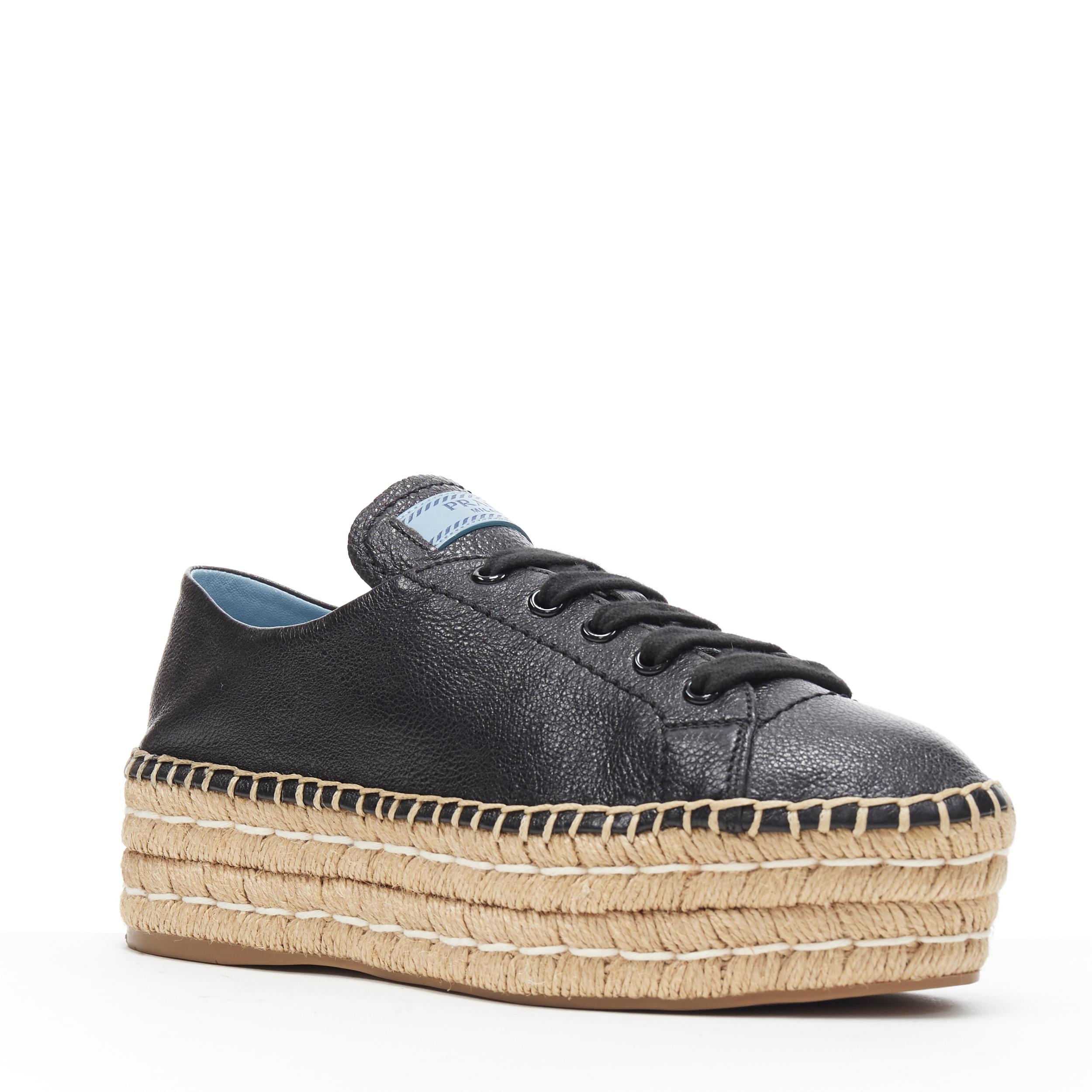 new PRADA black leather signature logo double platform jute espadrille EU38.5
Brand: Prada
Designer: Miuccia Prada
Model Name / Style: Double platform espadrilles
Material: Leather
Color: Black
Pattern: Solid
Closure: Lace up
Extra Detail: Black