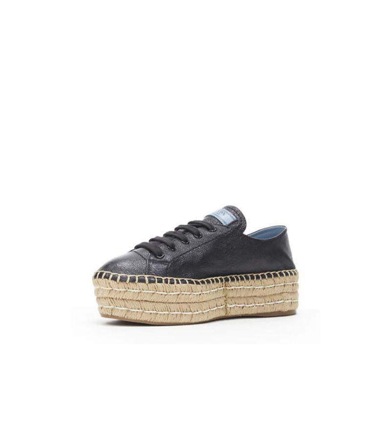 new PRADA black leather signature logo double platform jute espadrille EU38.5 In New Condition For Sale In Hong Kong, NT