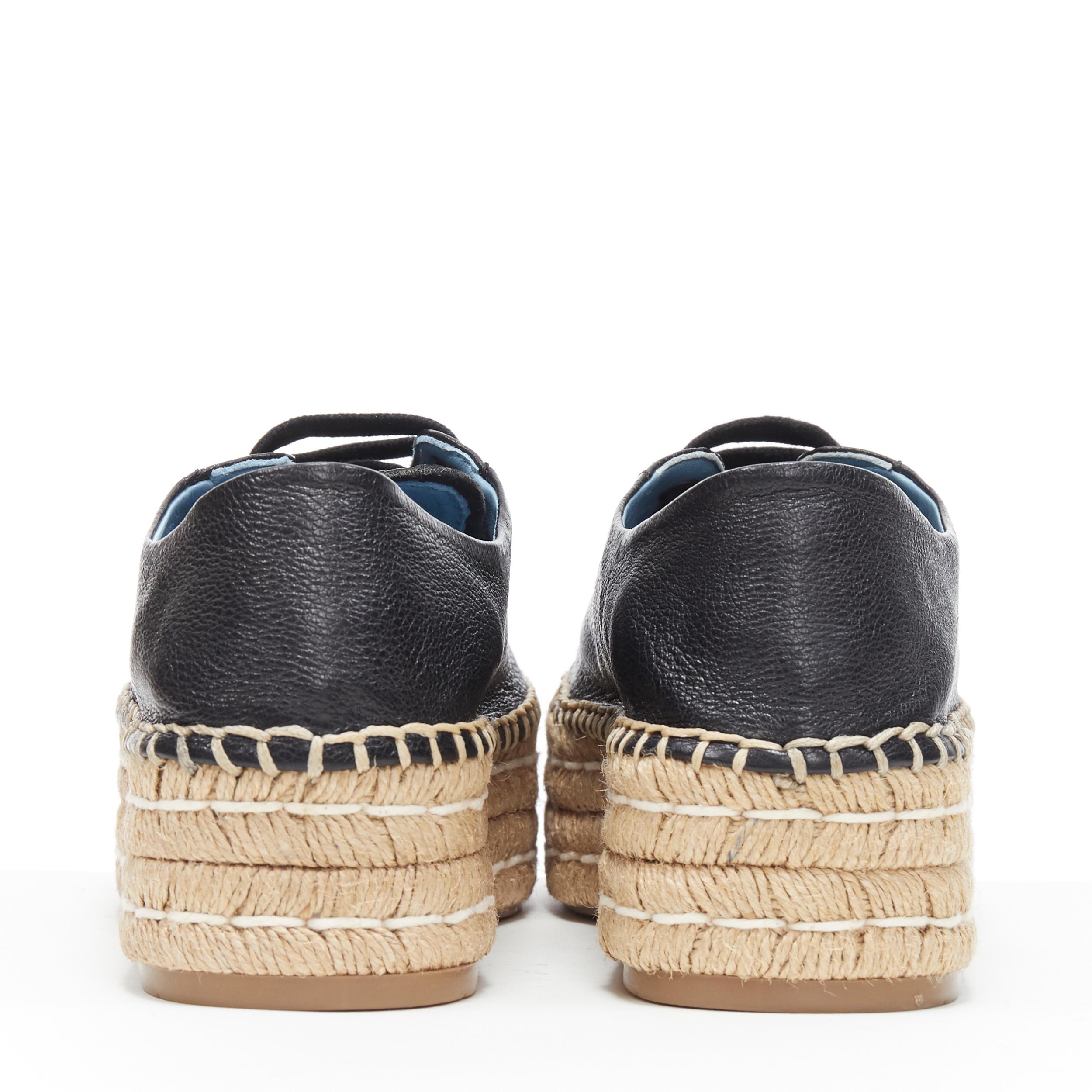 Women's new PRADA black leather signature logo double platform jute espadrille EU38.5