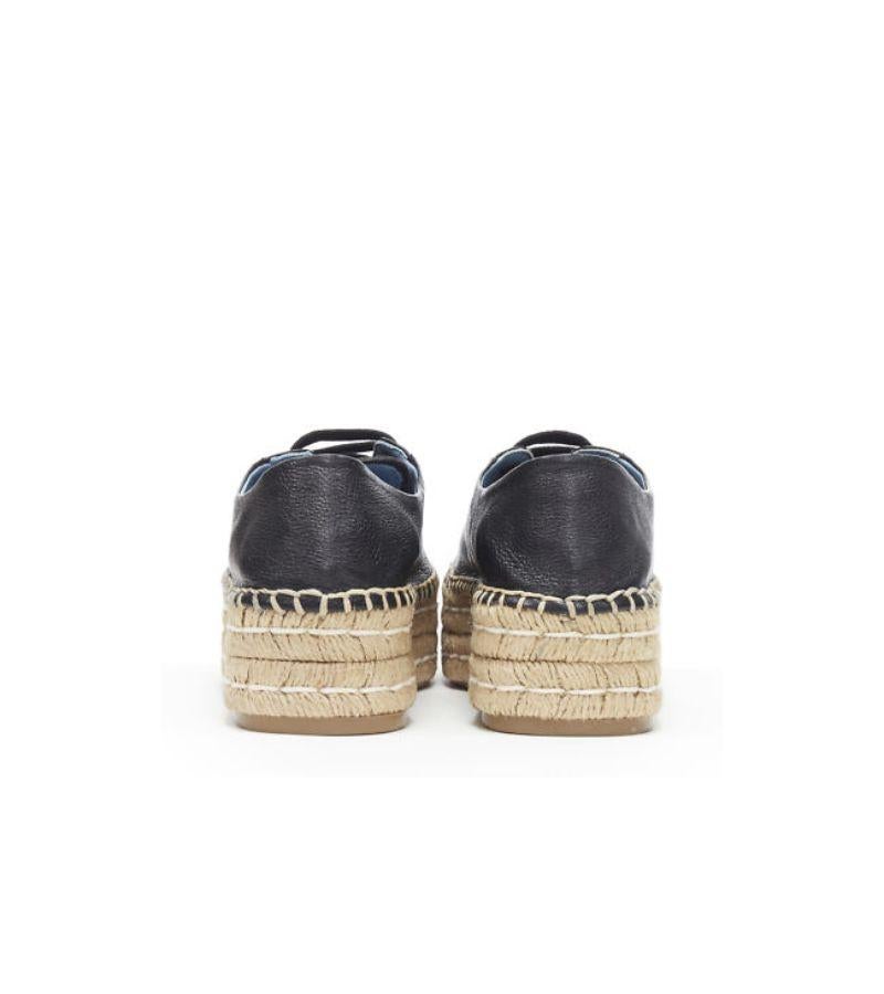 Women's new PRADA black leather signature logo double platform jute espadrille EU38.5 For Sale