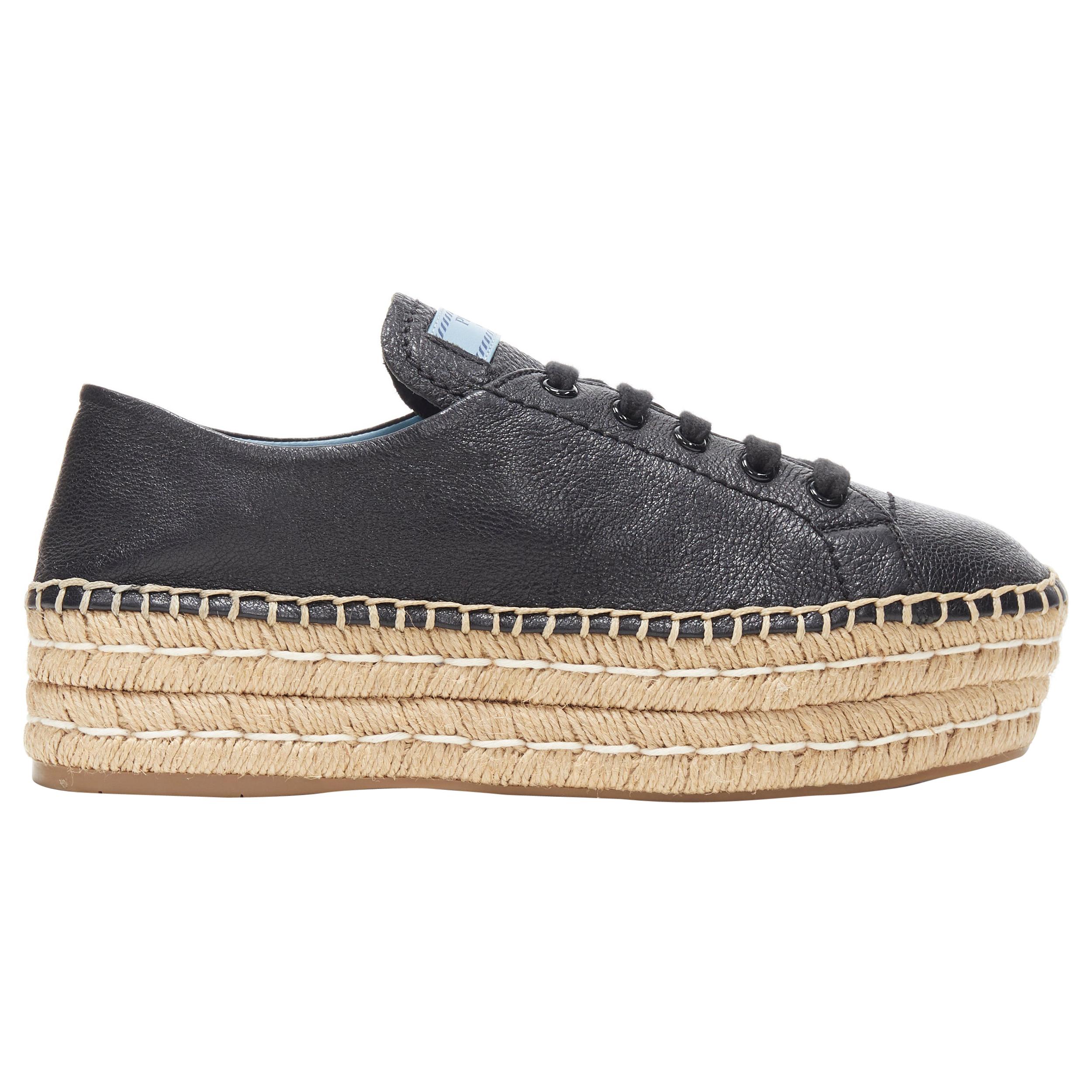 new PRADA black leather signature logo double platform jute espadrille EU38.5