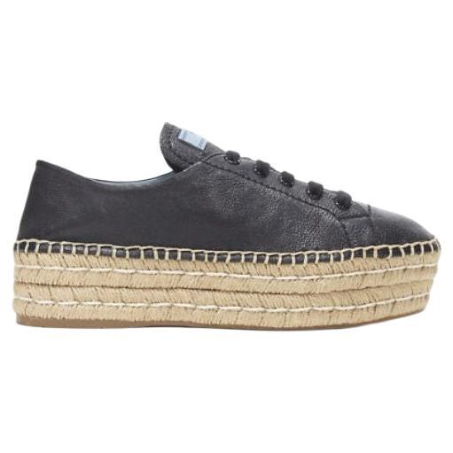 new PRADA black leather signature logo double platform jute espadrille EU38.5 For Sale