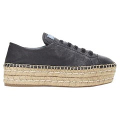 new PRADA black leather signature logo double platform jute espadrille EU38.5