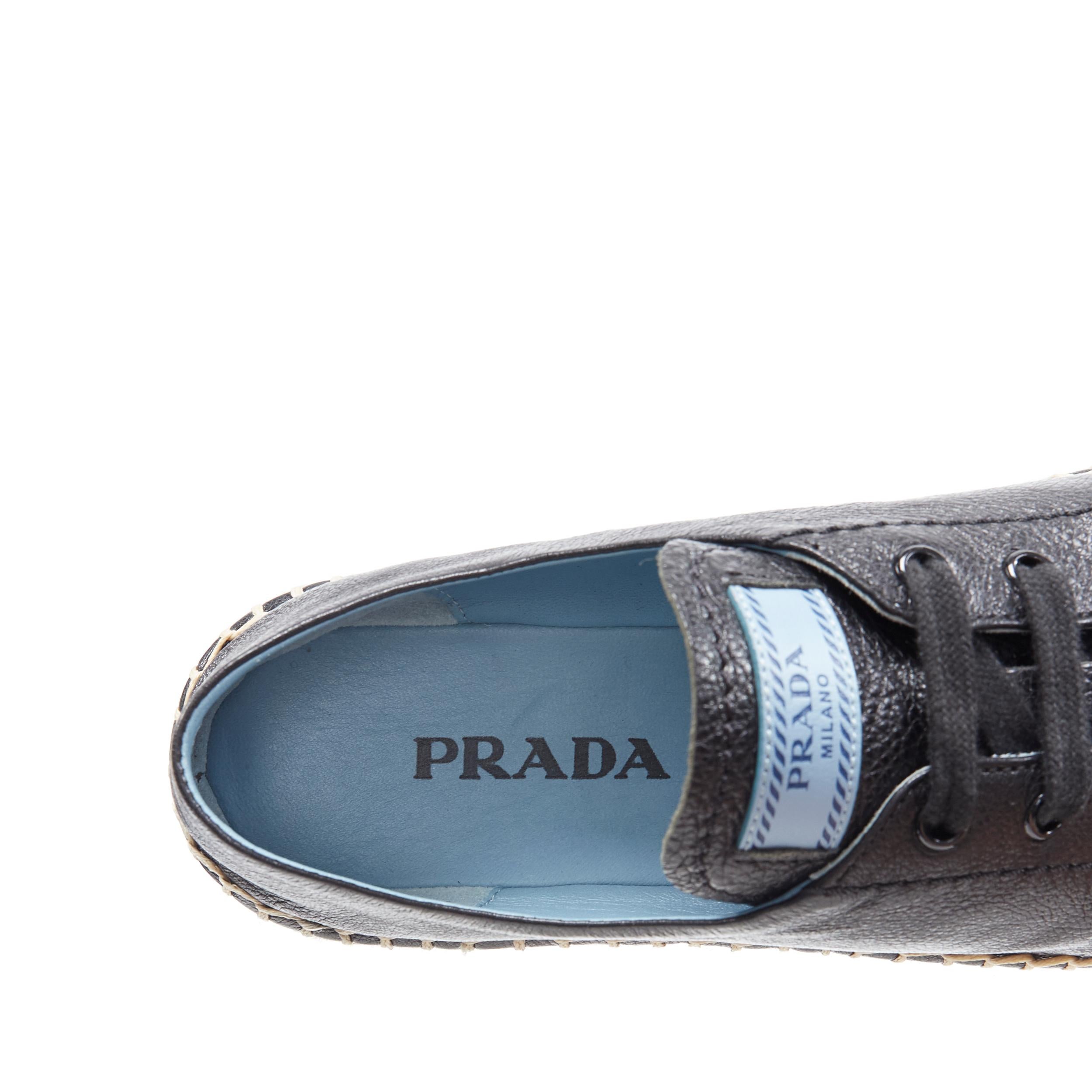 new PRADA black leather signature logo double platform jute espadrille EU39.5 5