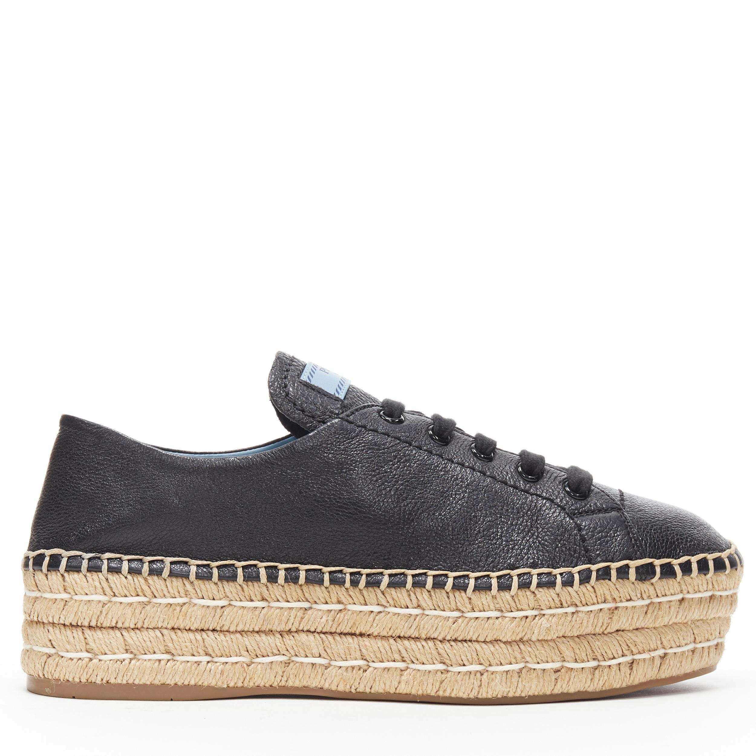 new PRADA black leather signature logo double platform jute espadrille EU39.5
Brand: Prada
Designer: Miuccia Prada
Model Name / Style: Double platform espadrilles
Material: Leather
Color: Black
Pattern: Solid
Closure: Lace up
Extra Detail: Black