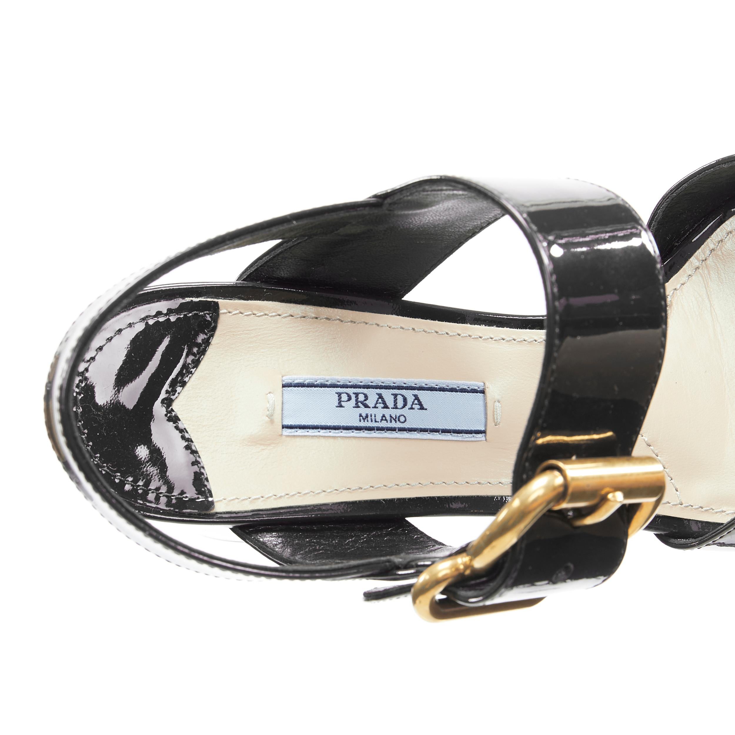 new PRADA black patent gold buckle platform high heel mule sandal EU38 5