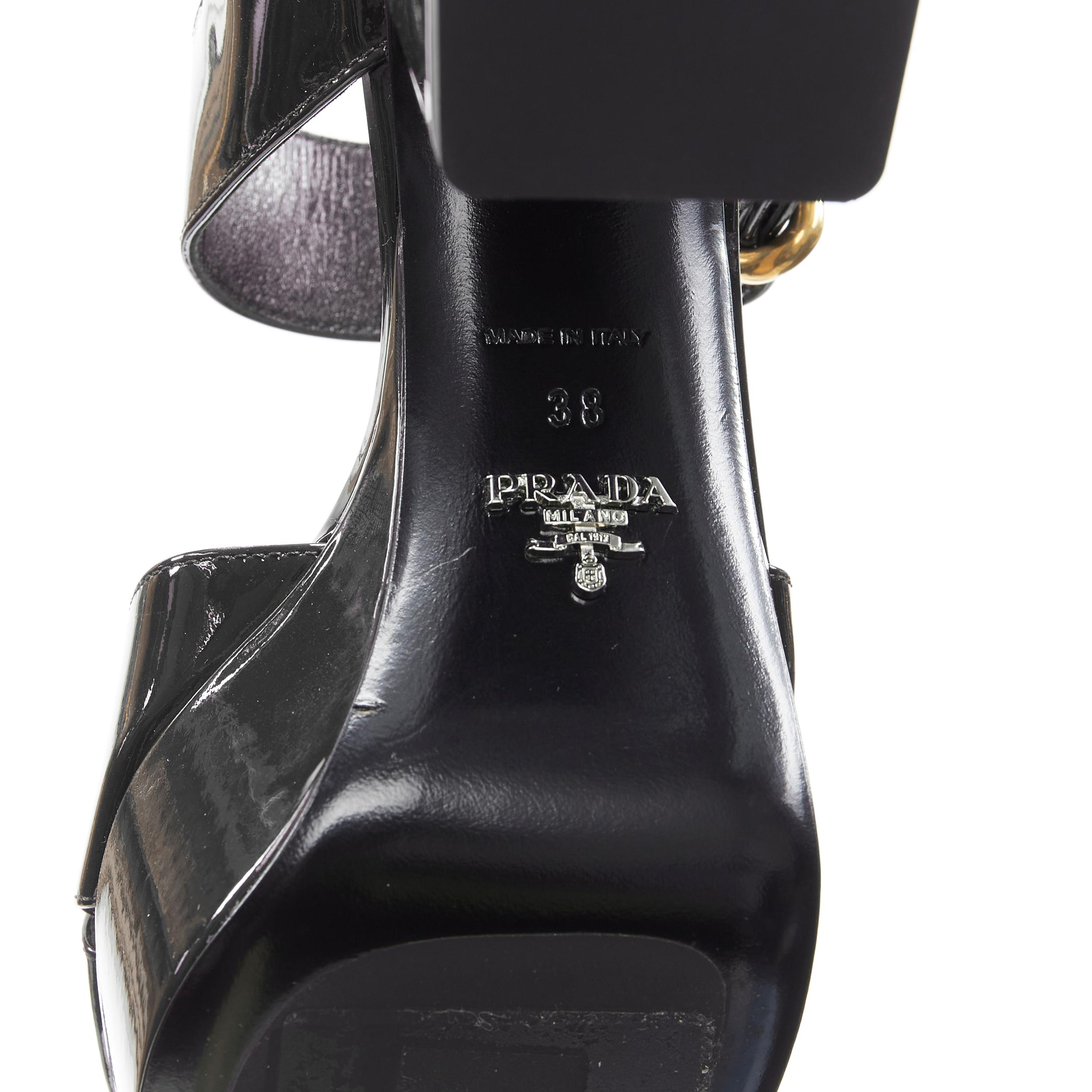 new PRADA black patent gold buckle platform high heel mule sandal EU38 6