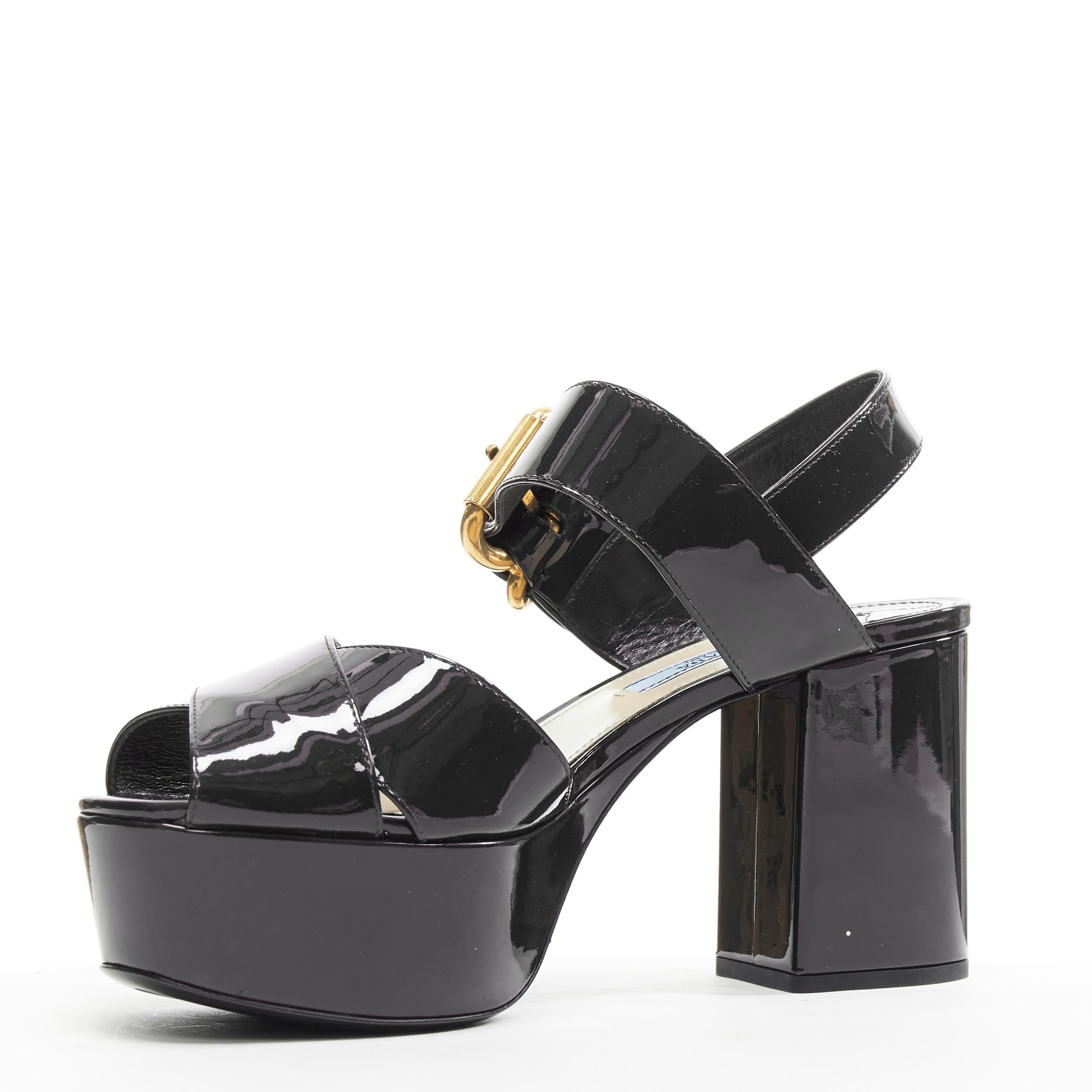 new PRADA black patent gold buckle platform high heel mule sandal EU38 In New Condition In Hong Kong, NT