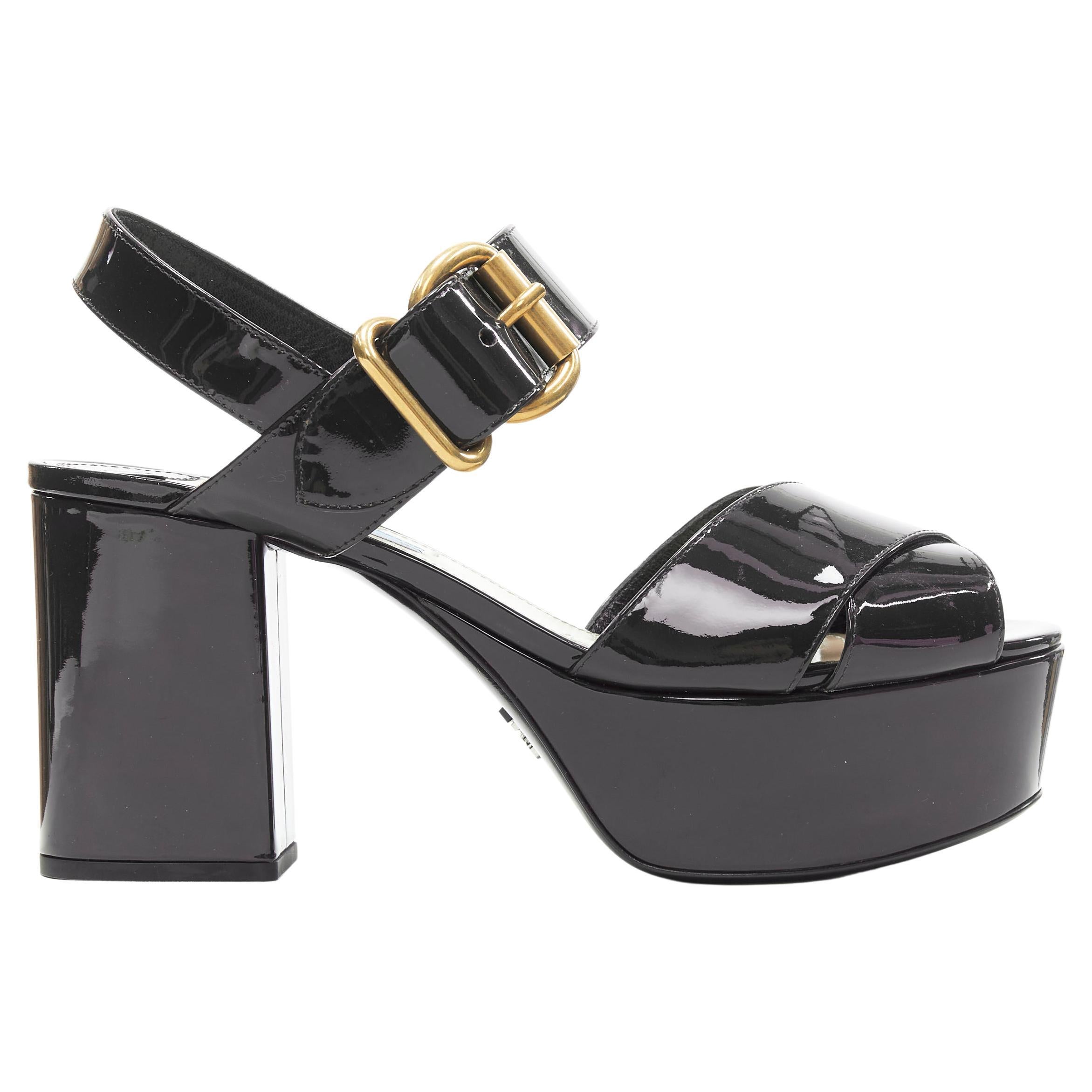 new PRADA black patent gold buckle platform high heel mule sandal EU38