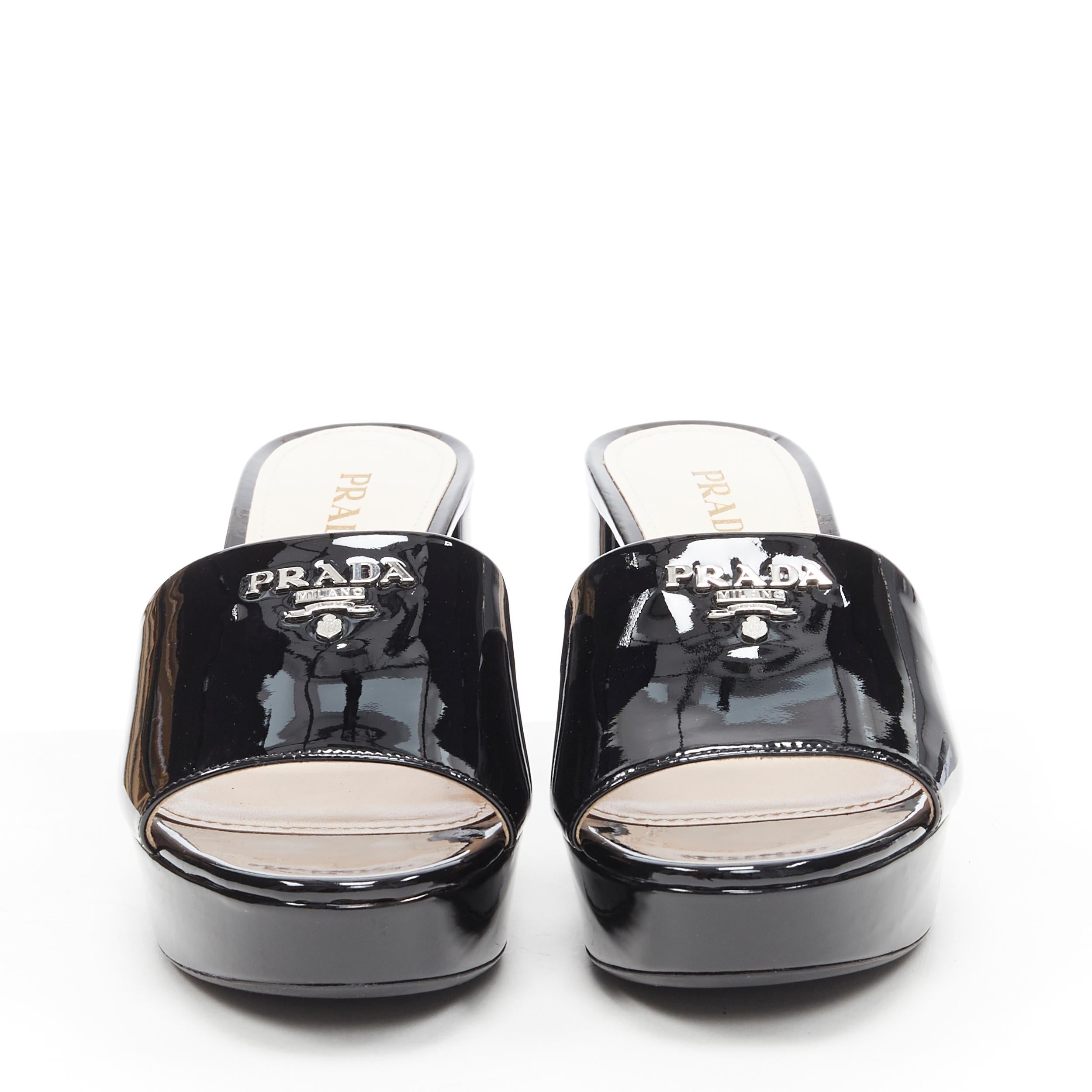 Black new PRADA black patent silver logo platform block heel mule clog shoes EU39