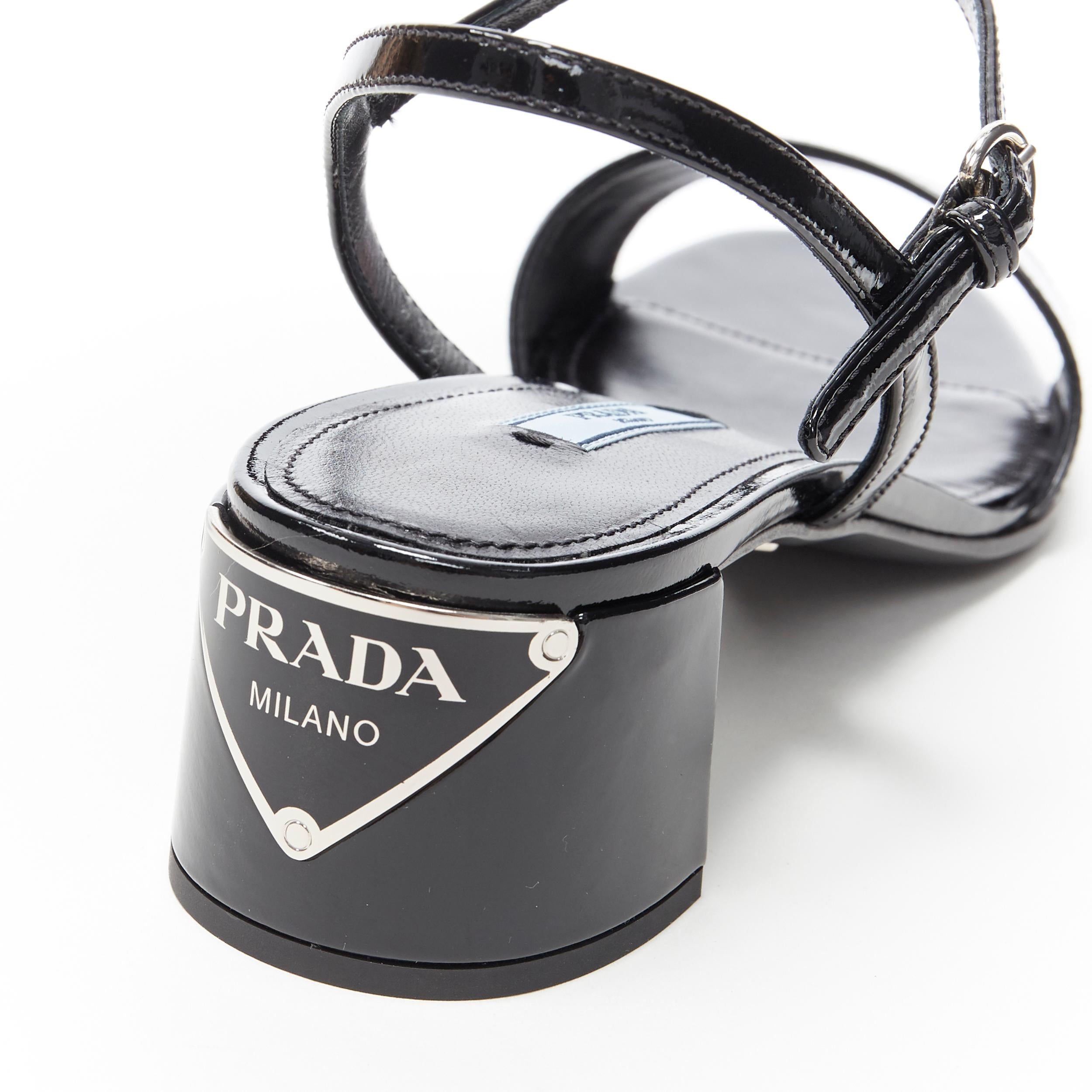 Black new PRADA black patent silver signature triangle logo plate mid heel sandal EU38
