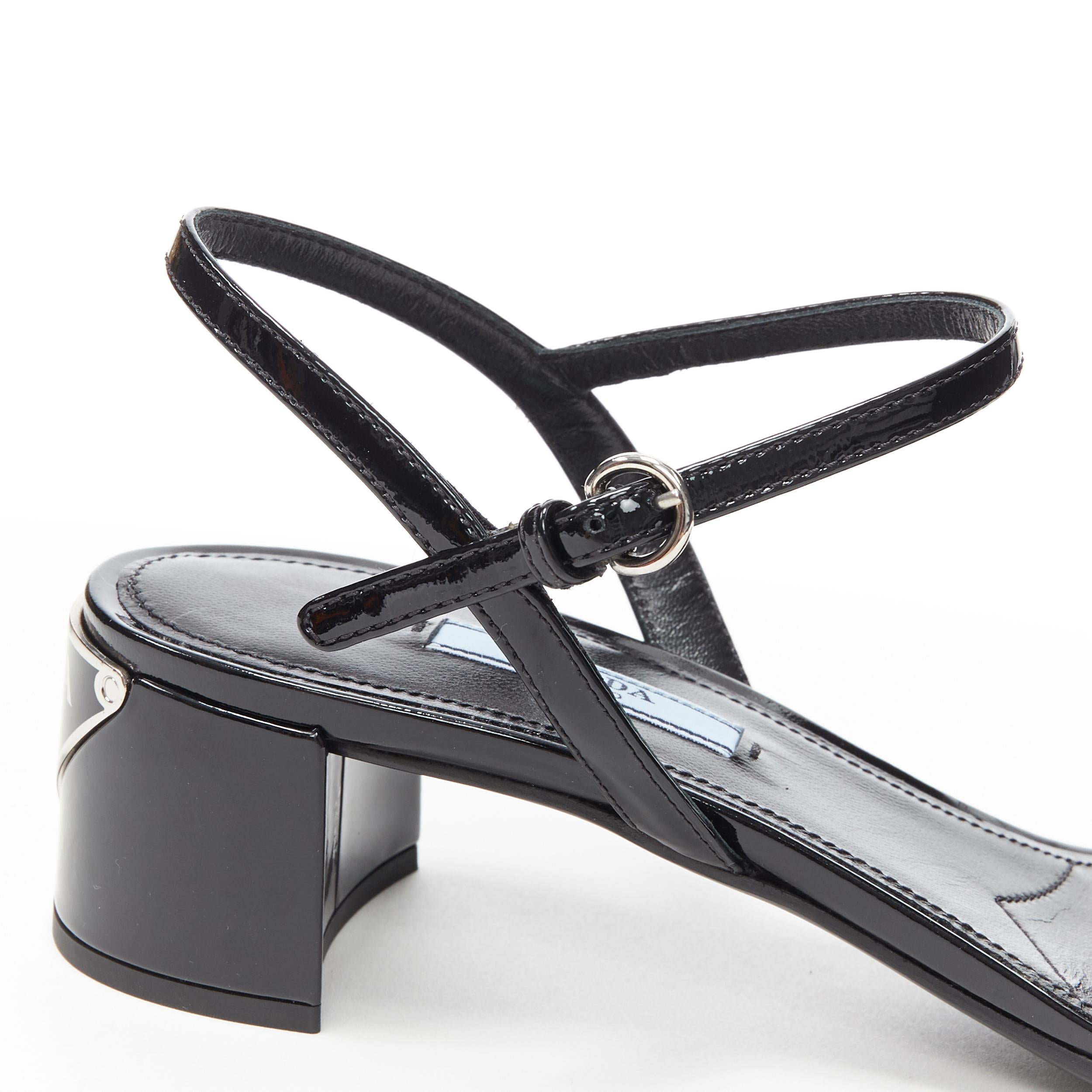 Women's new PRADA black patent silver signature triangle logo plate mid heel sandal EU38