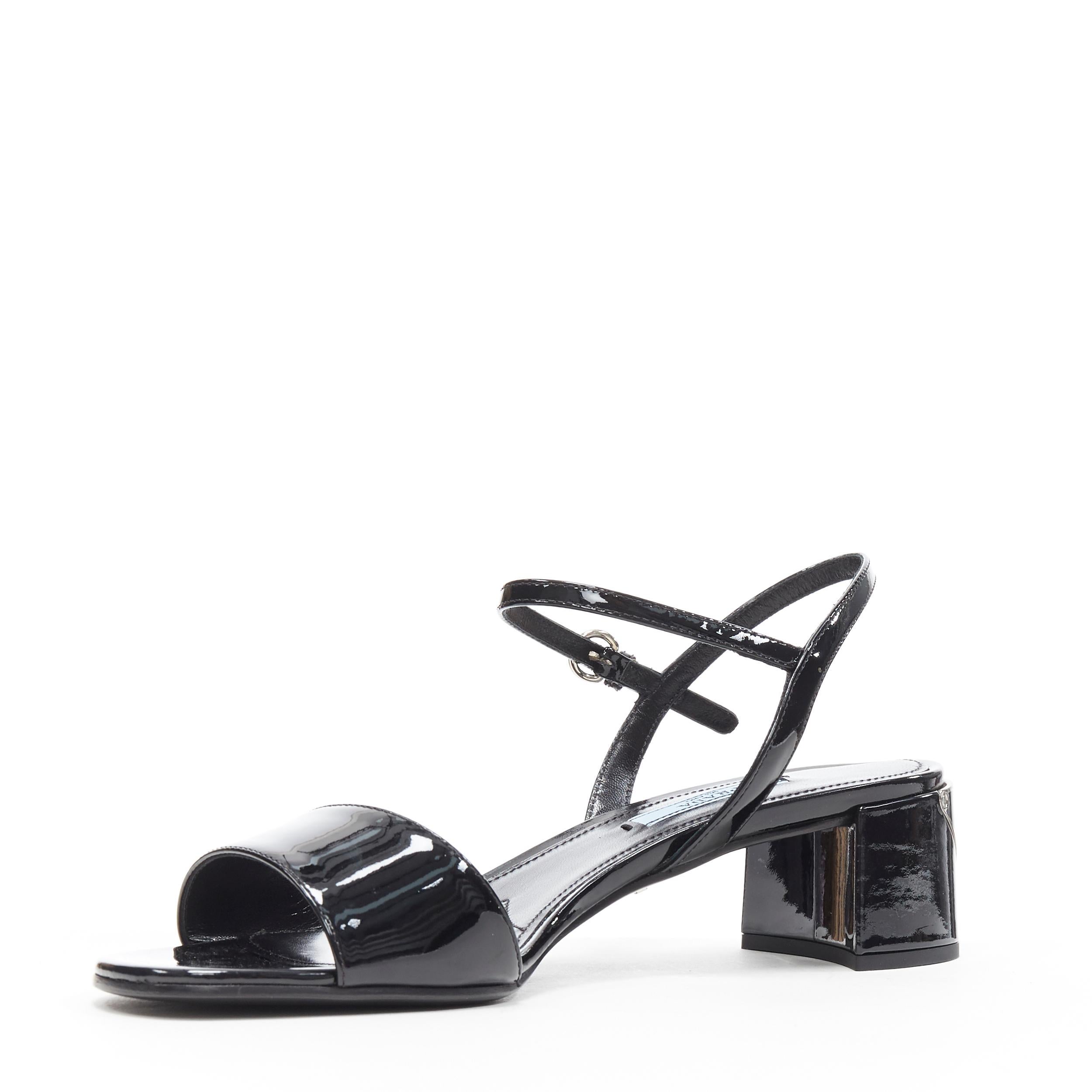 Black new PRADA black patent silver triangle brand logo plate mid heel sandal EU38