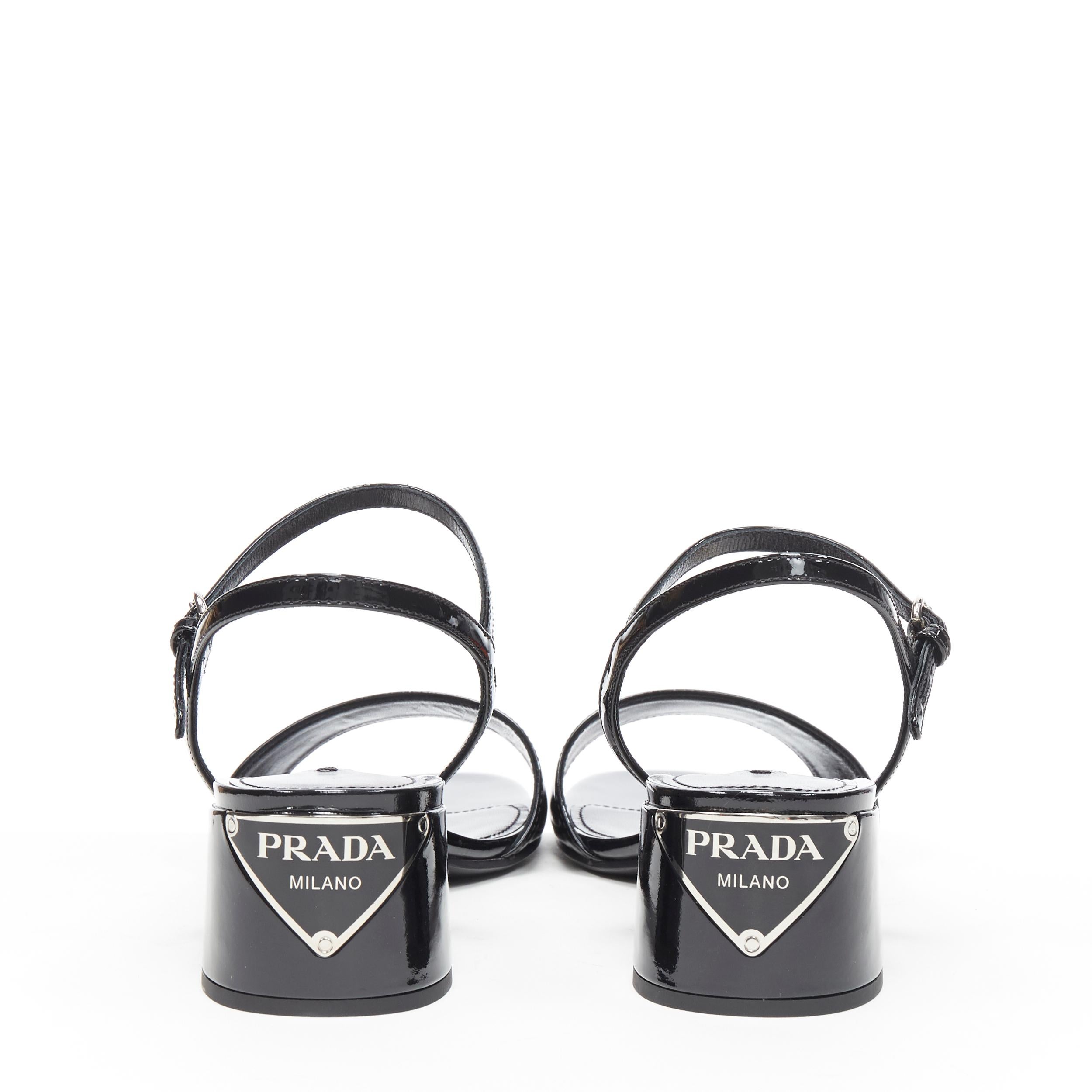 new PRADA black patent silver triangle brand logo plate mid heel sandal EU38 In New Condition In Hong Kong, NT