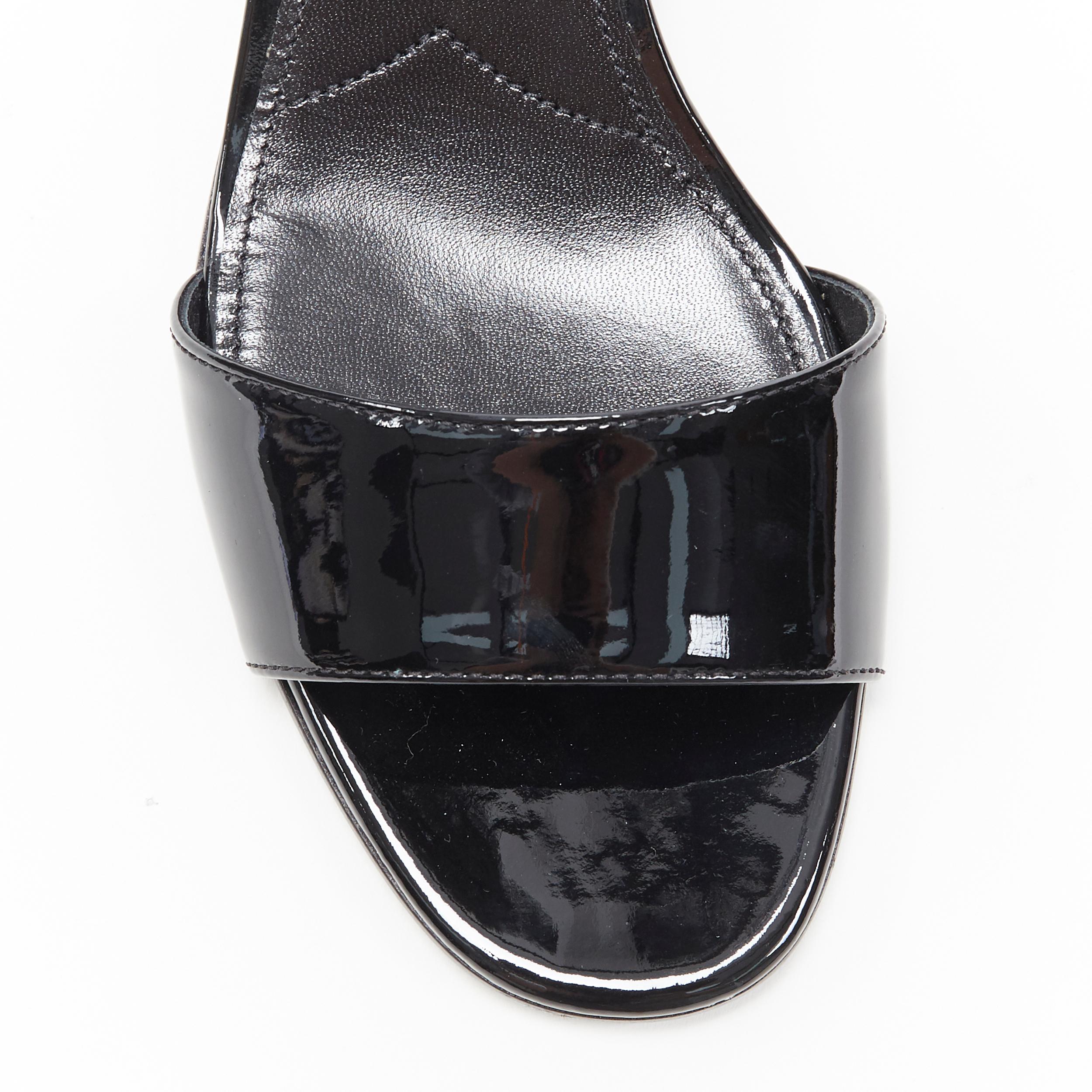 Women's new PRADA black patent silver triangle brand logo plate mid heel sandal EU38