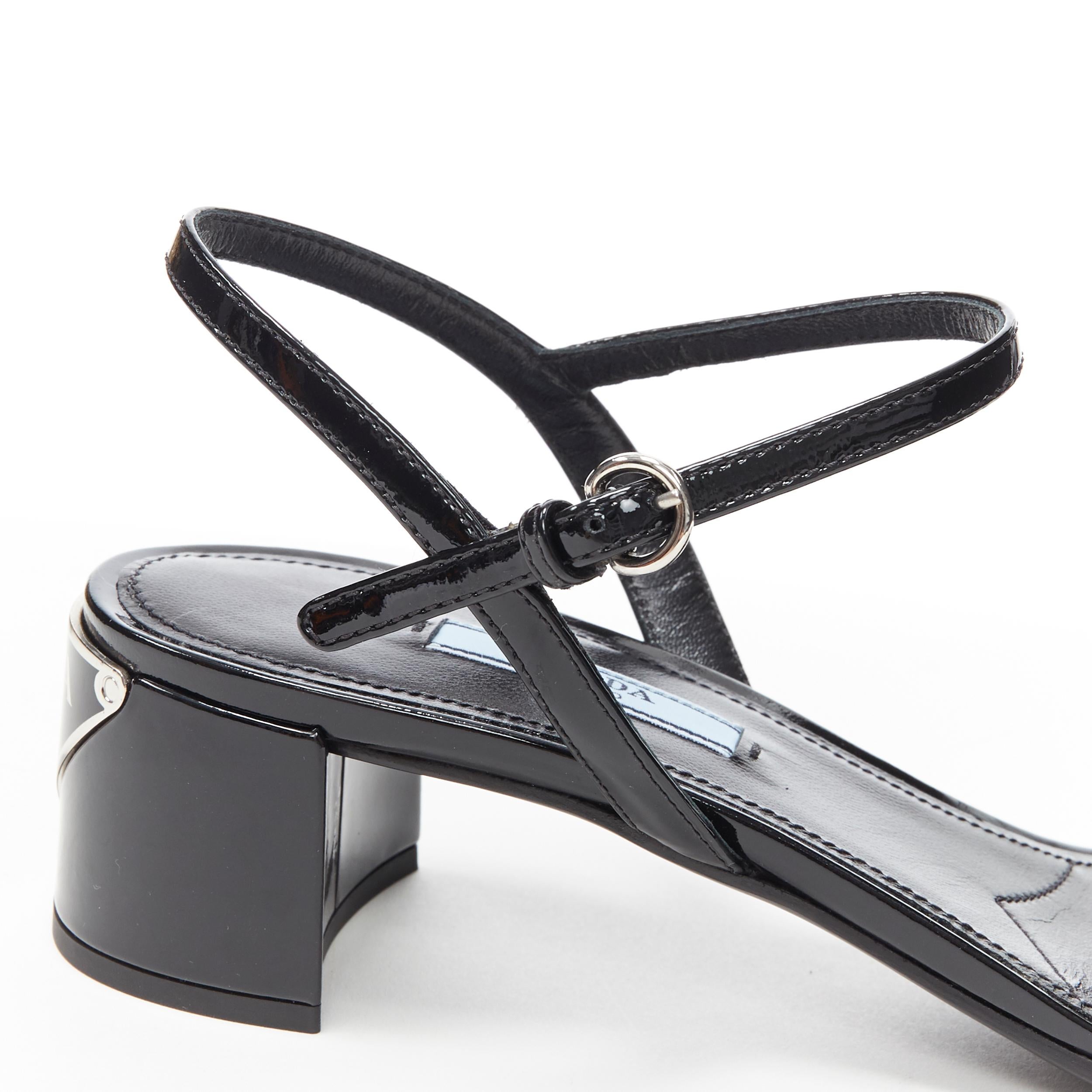 new PRADA black patent silver triangle brand logo plate mid heel sandal EU38 1