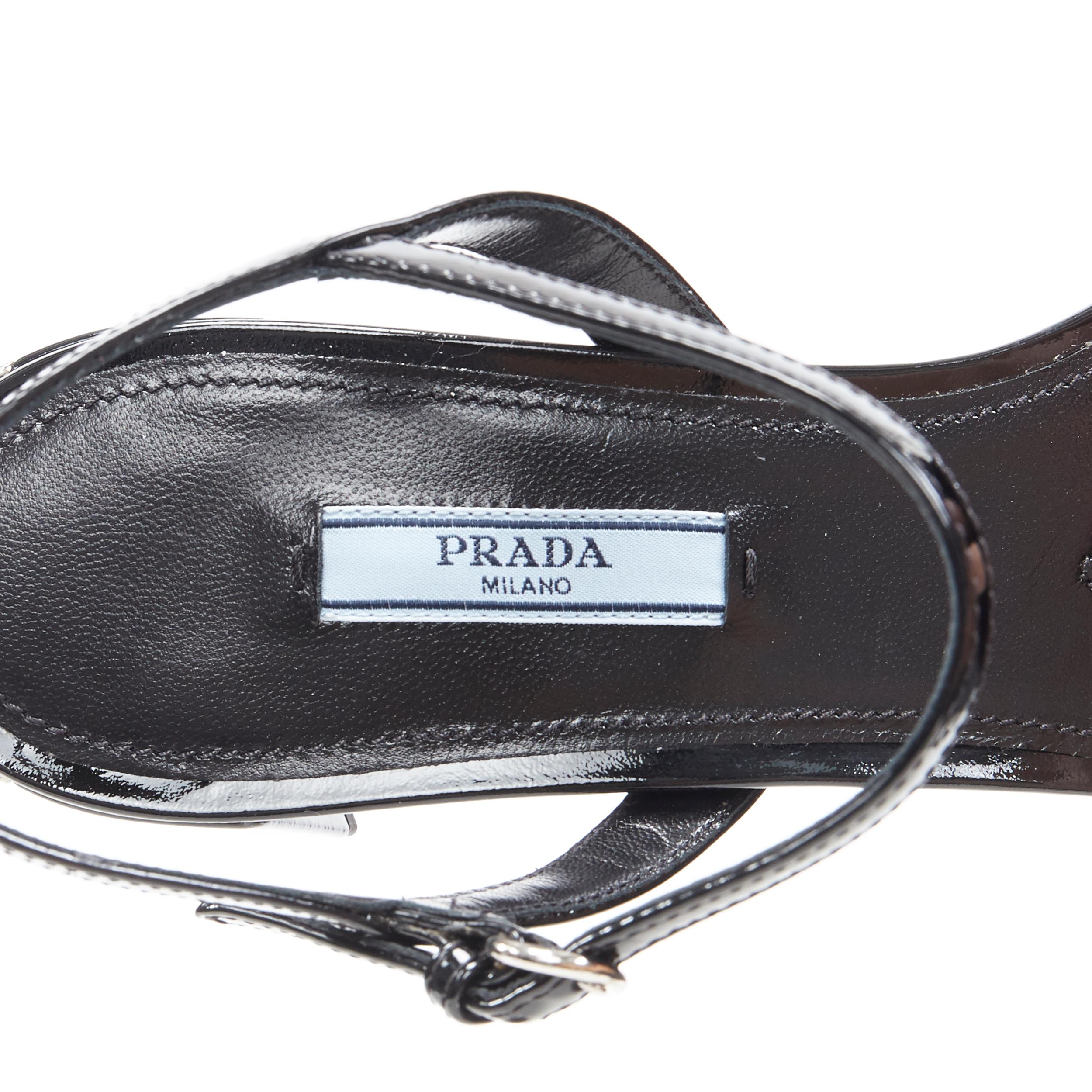 new PRADA black patent silver triangle brand logo plate mid heel sandal EU38 2