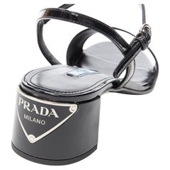 new PRADA black patent silver triangle brand logo plate mid heel sandal EU38