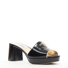 new PRADA black saffiano leather gold logo open toe mule clog sandal EU38.5