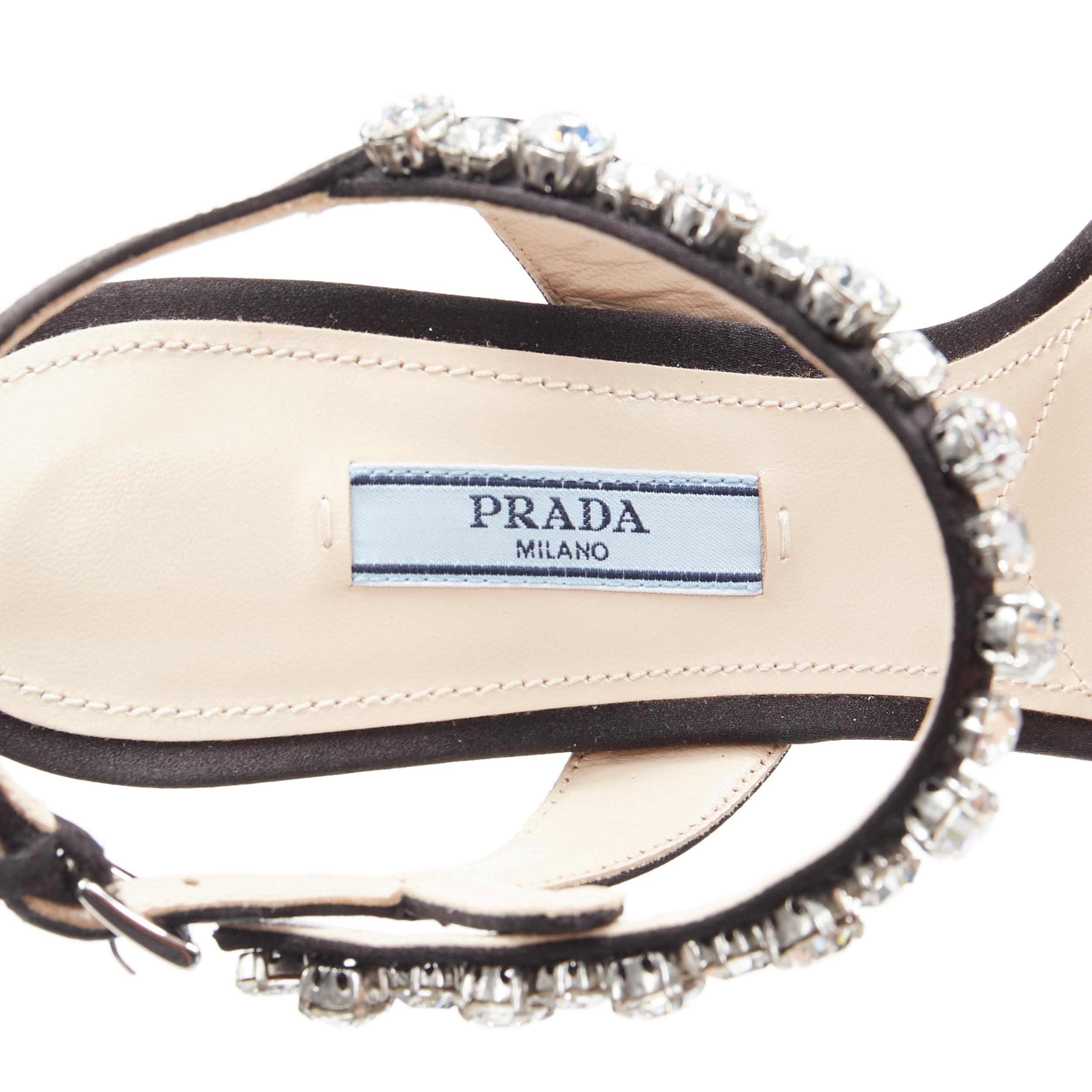 PRADA - Sandales à talons hauts et brides en satin noir embellies de cristaux EU37,5, état neuf en vente 5