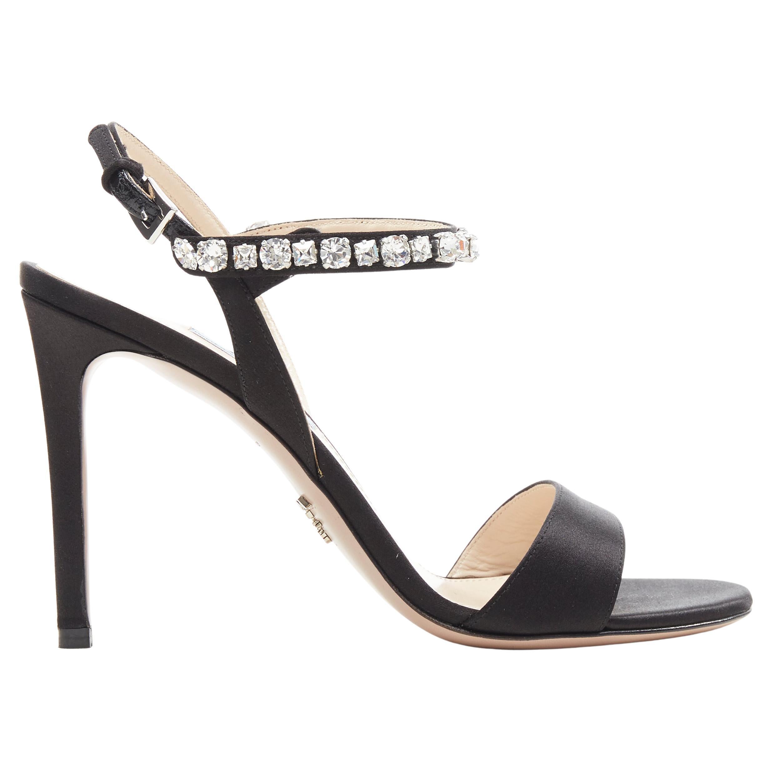 new PRADA black satin crystal embellished strappy high heel sandals EU37.5 For Sale