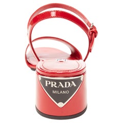 new PRADA black triangle logo embellished heel red patent block high heel EU38.5